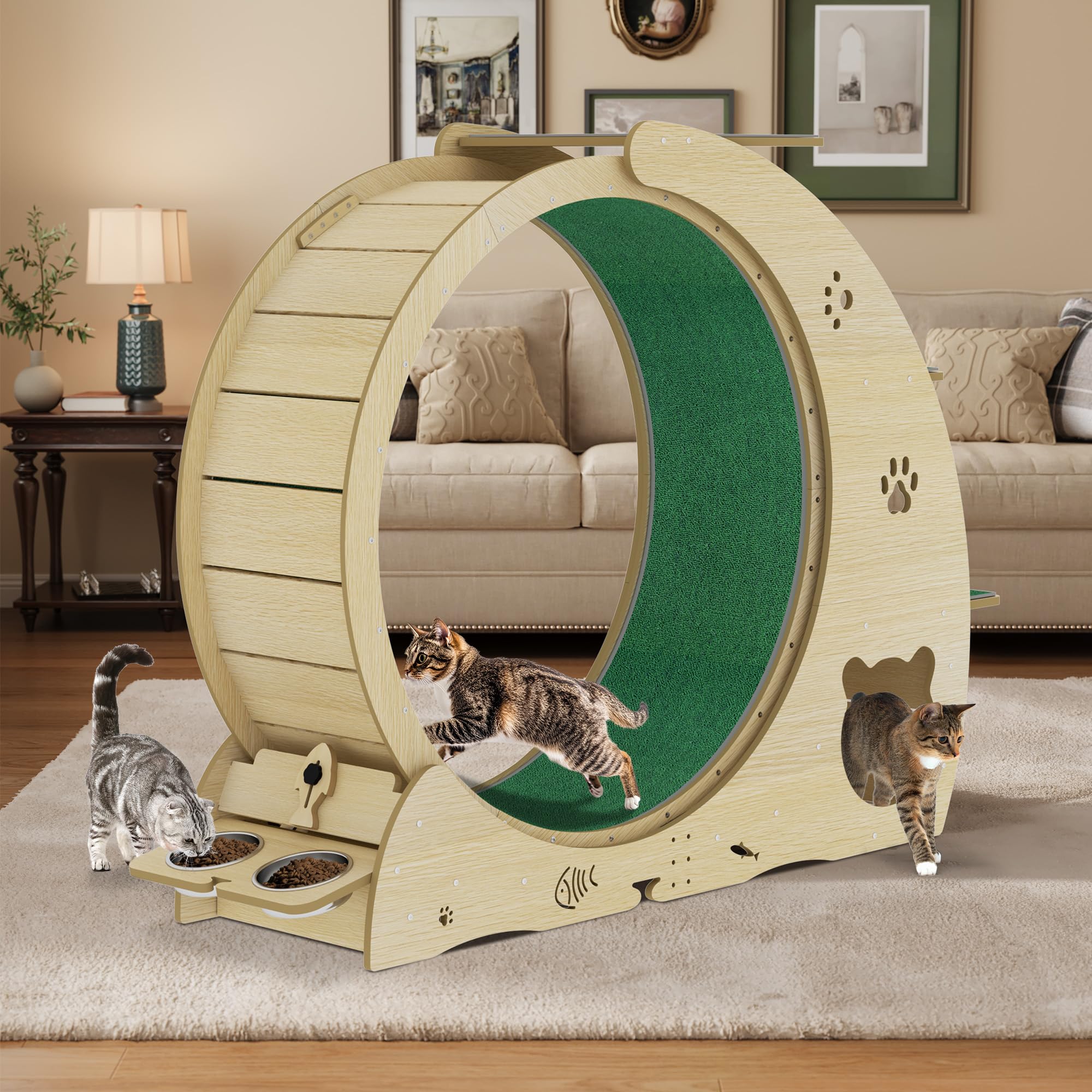 4-in-1-Katzen-Laufrad, großes Katzenlaufband, großes leises Laufrad mit Kratzunterlage und Spielrolle, stabile Holzbasis für Indoor-Katzen
