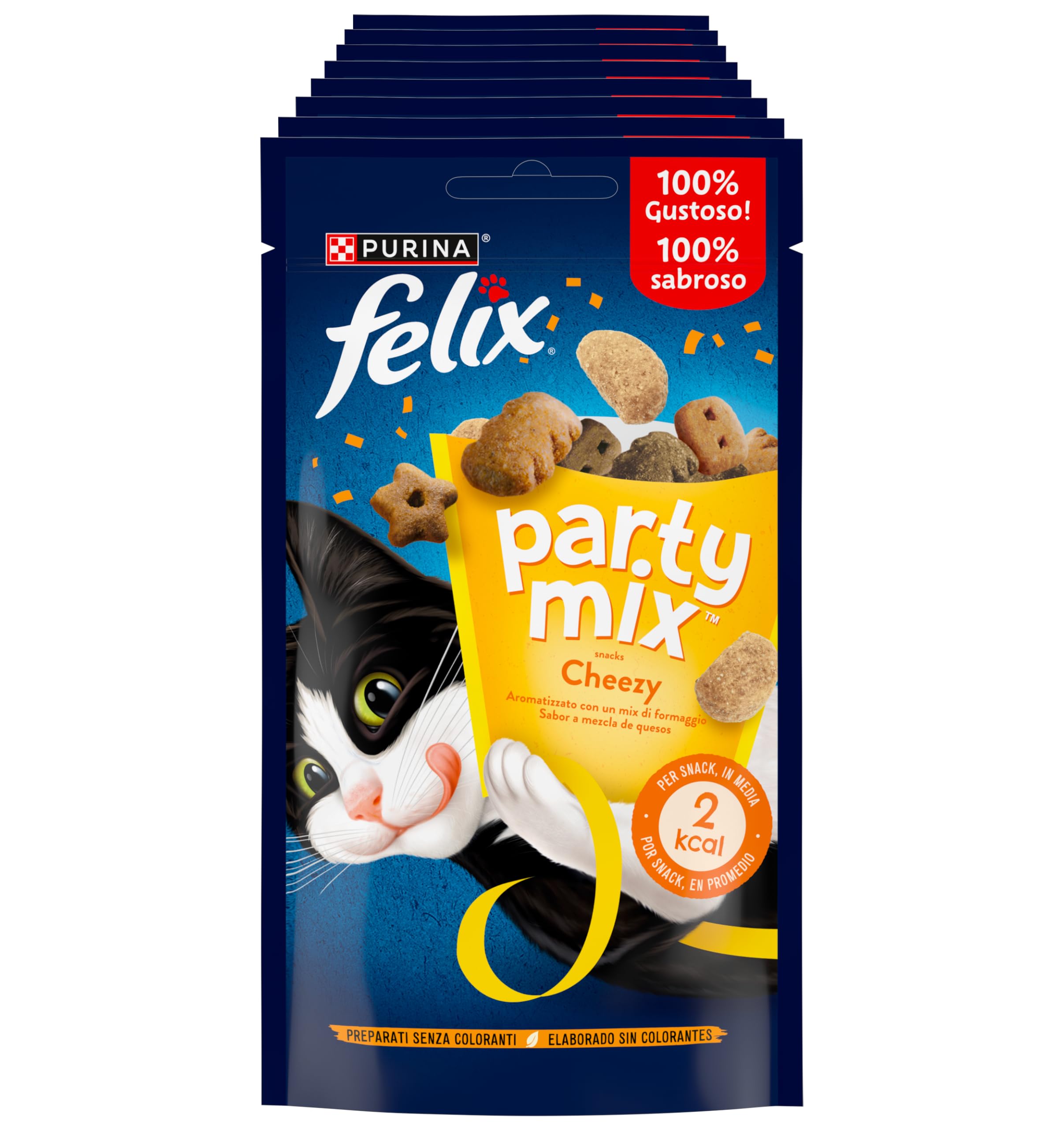 FELIX Party Mix Snack per Gatti Adulti con Formaggio Cheddar, Gouda e Edamer 8 Confezioni da 60g