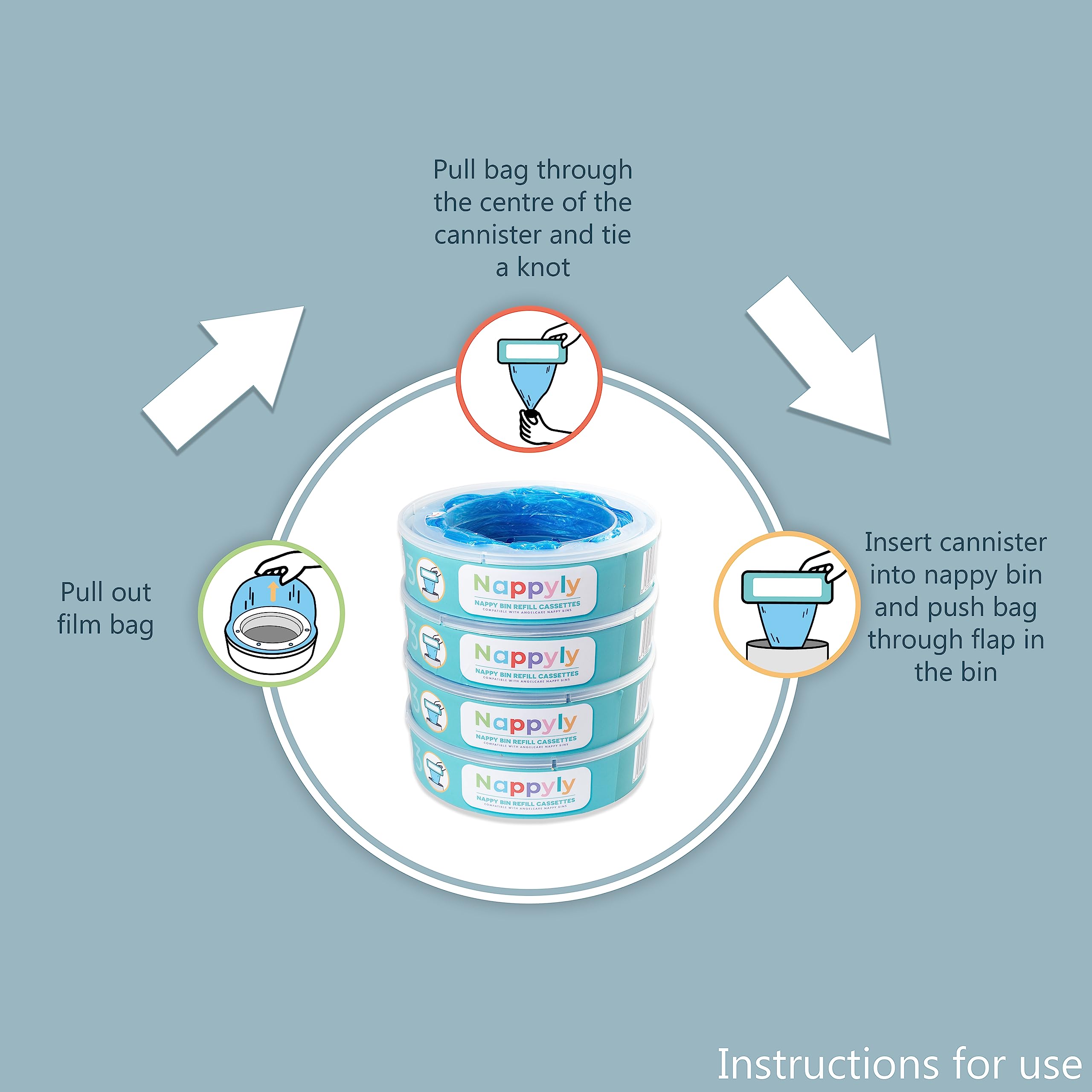 Nappyly Nappy Bin Refill Cassettes - Compatible With AngelCare And Litter Locker Diaper Disposal Systems - Pack Of 4 Refills - 7 Layer Bags Add Extra