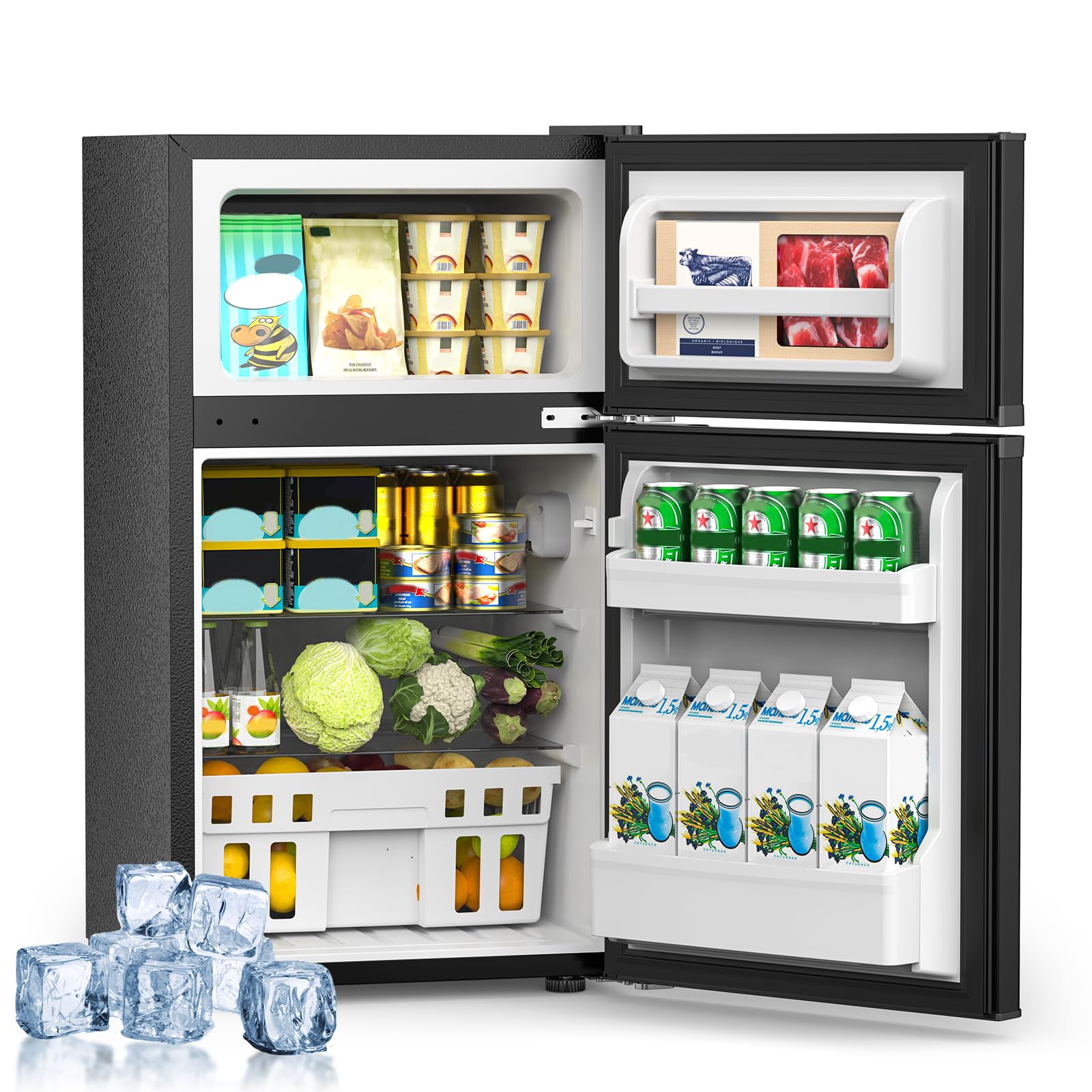 Mini Fridge with Freezer, 3.2 Cu.Ft Compact Refrigerator with 2 Doors, Small Fridge with Adjustable Thermostat &amp; Removable Glass Shelves for Bedroom, Office, Dorm, or Apartment, Black