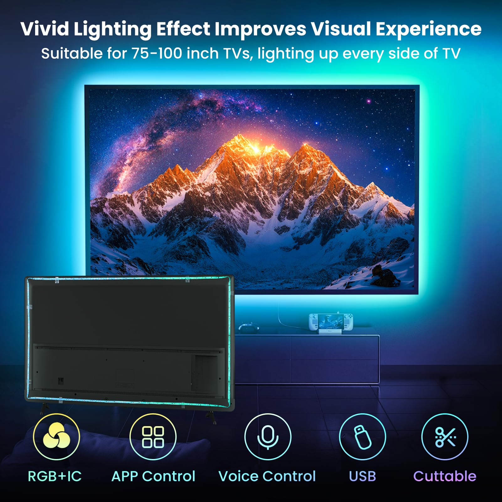 Amazon.com: 26.25ft LED Lights for 75-100 Inch TV, RGB+IC TV