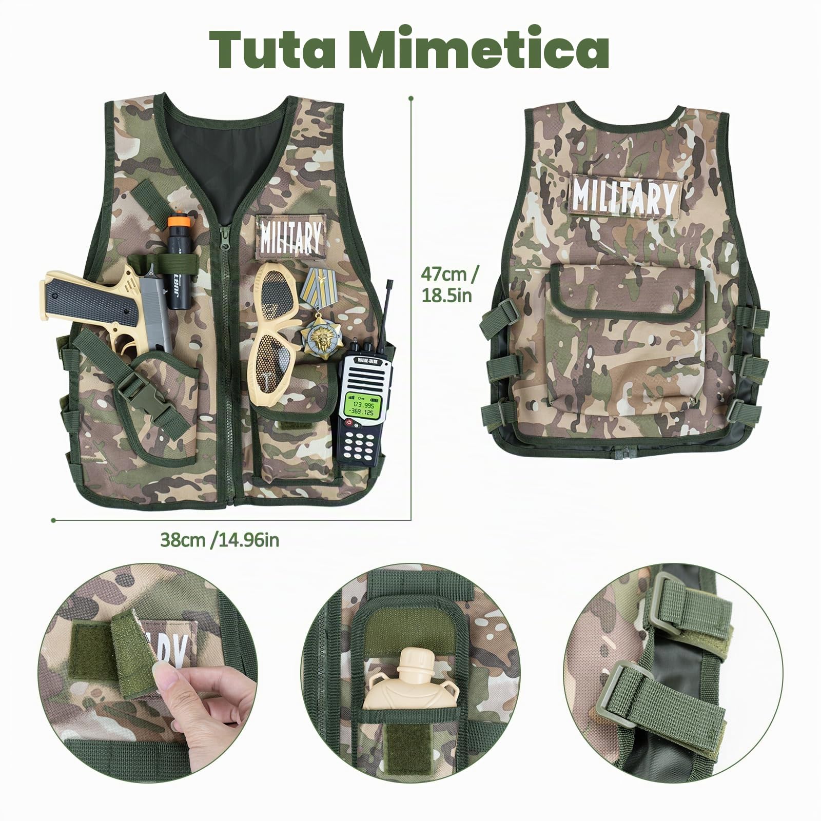 RedCrab Costume da Soldato Bambini, 12 Pezzi Costume Militare Bambino Soldato Vestito Militare con Walkie-Talkie, Gilet Militare e Casco, Ruolo Giocare Carnevale Costume Bambini Regalo