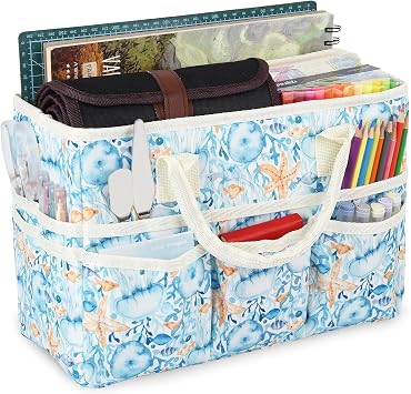 qianshan Craft Organizer Tote Bag with Multiple Pockets,Large Art Storage Caddy with Handles for Art,Craft,Journal,Sewing,Make-up,Scrapbooking,Medical and Office Supplies Storage.Blue Jellyfish