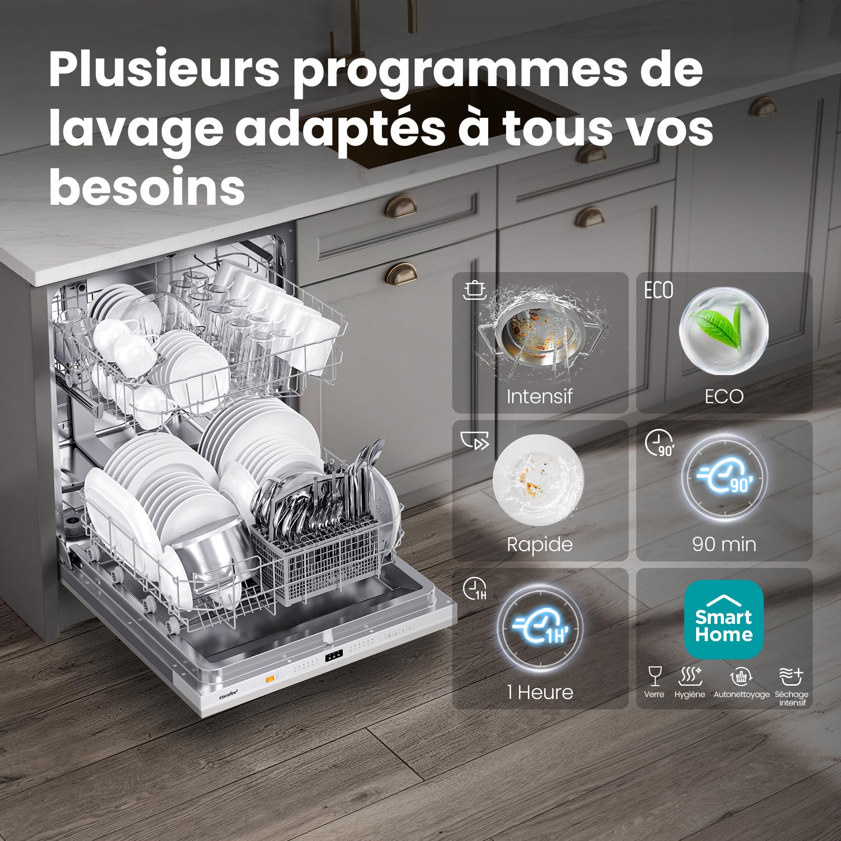 COMFEE' CDWPB1215PB-EU Built-In Dishwasher, 12 Cutters, 60 cm, WiFi | IoT Function, Cloud Wash, Quick Wash 30 min, Extra Dry, Delayed Start, 47 dB, White