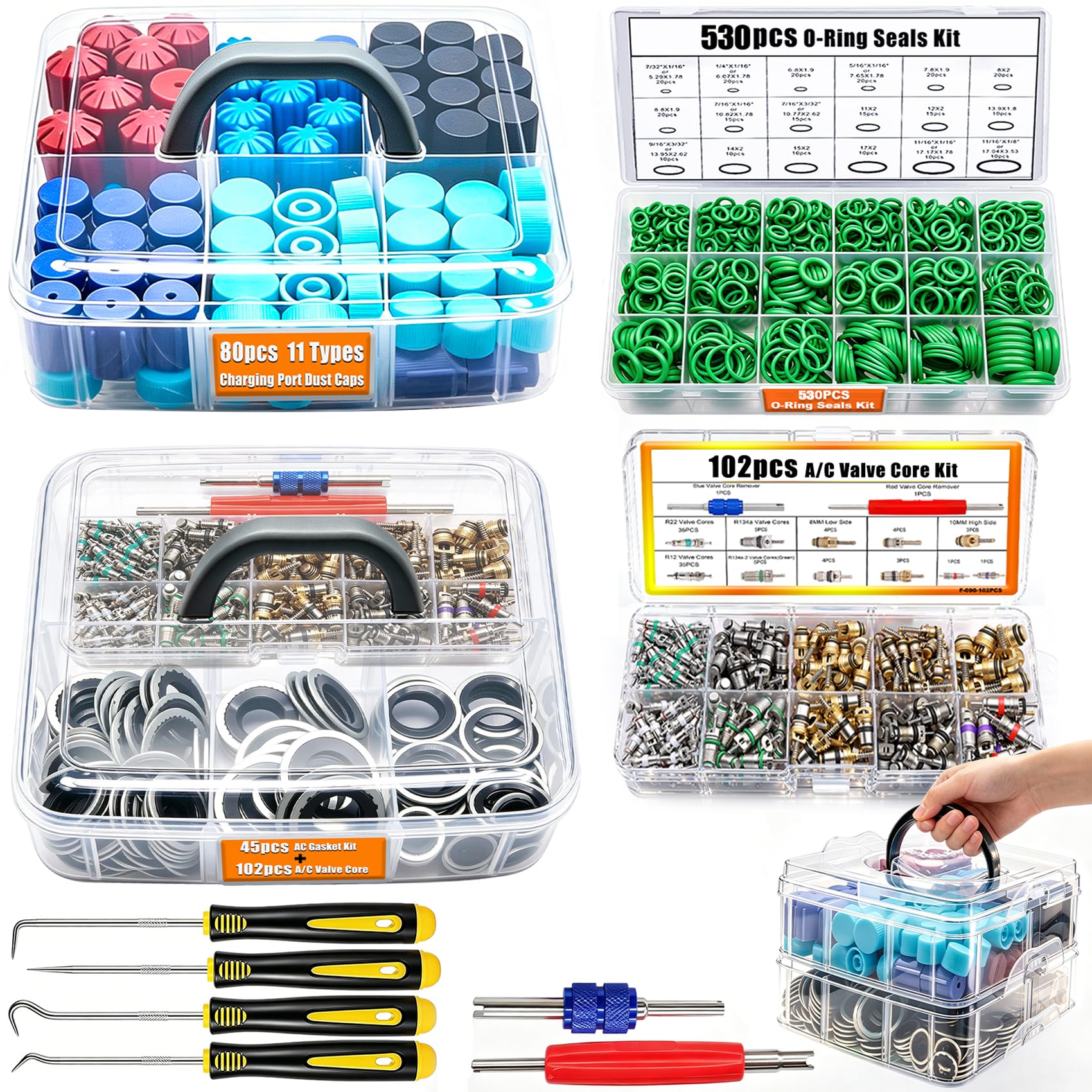 Taiss 5 Set Car A/C Repair Kits,102PCS A/C Valve Core Kit+270pcs AC O-Ring Seals Kit+80pcs Valve Core Caps+45pcs A/C Compressor Seal Washers Kit+4PCS Remove Tool (501PCS)