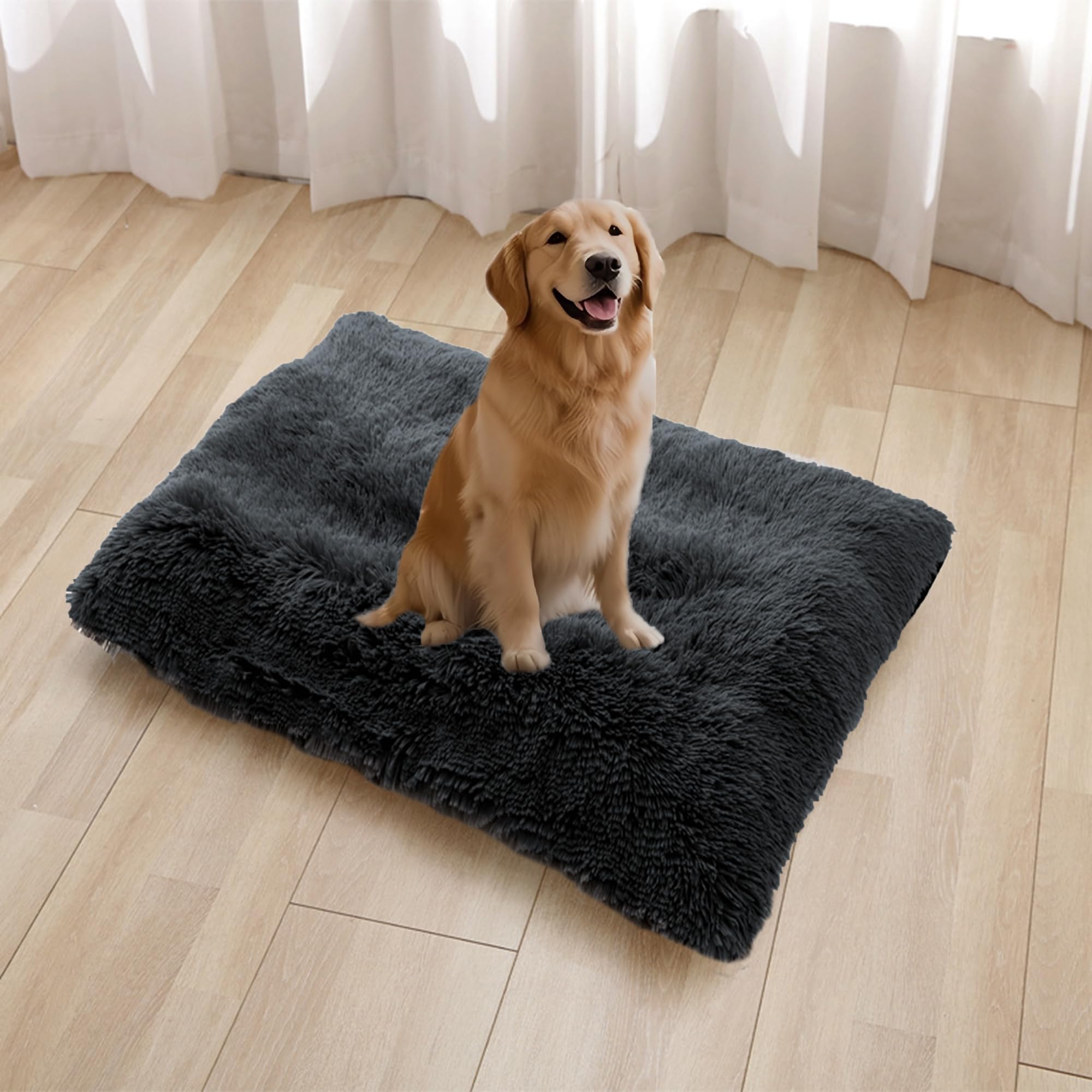 Tapis de cage en peluche pour chien et animal domestique avec fond antidérapant - Chaud avec housse amovible (100 x 70 x 10 cm, kaki)