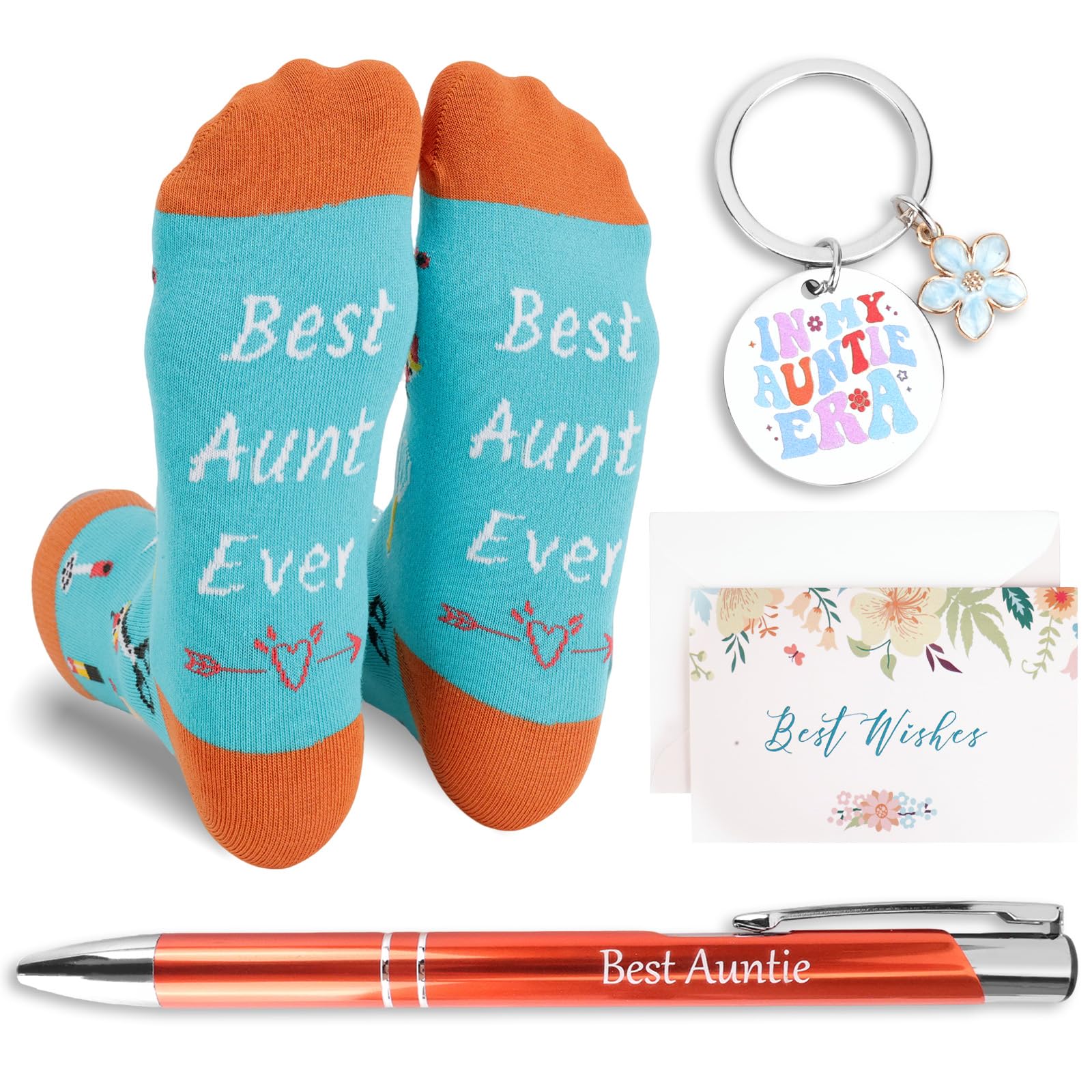 4 Pcs Auntie Gifts, Auntie Birthday Gifts Set include Socks, Key Ring, Pen and Greeting Card, Christmas Birthday Presents form Nephew and Niece, Personalised Gift