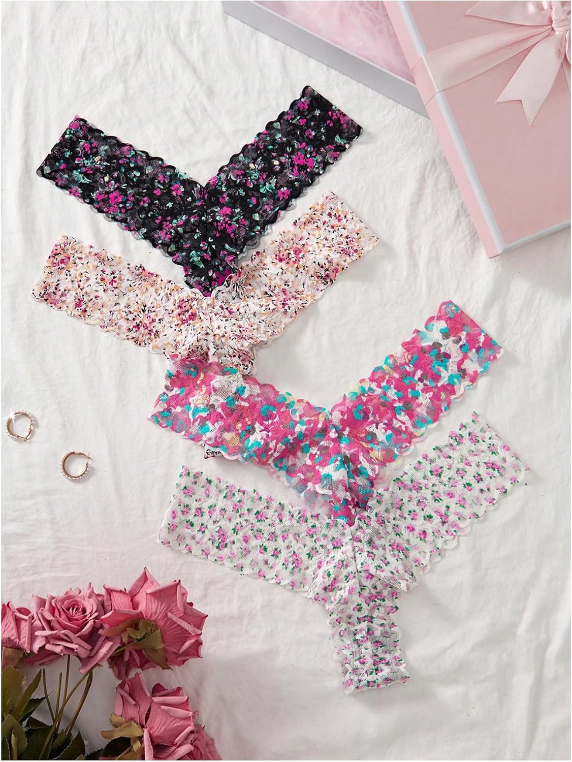 Women's 4 Pack Floral Lace Thong Mesh Cute Sexy Panties Bow Low Rise T Back Cheeky Underwear Coquette - Image 2