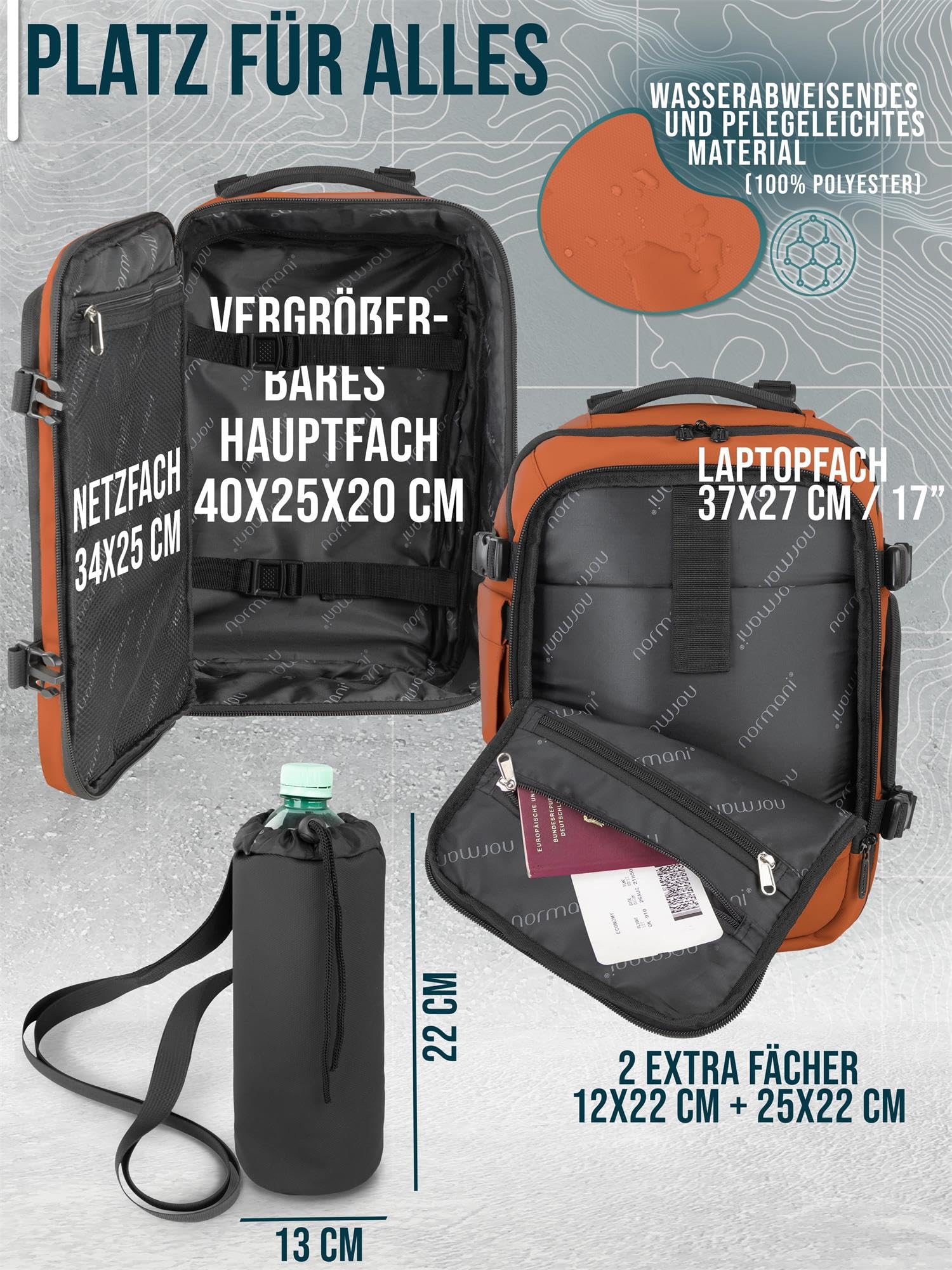 normani Handgepäck Reise-Rucksack 40x25x20-30 cm fürs Flugzeug vergrößerbar Cabin Bag mit zusätzlichen Taschen Orange mit Flaschentasche ONESIZE