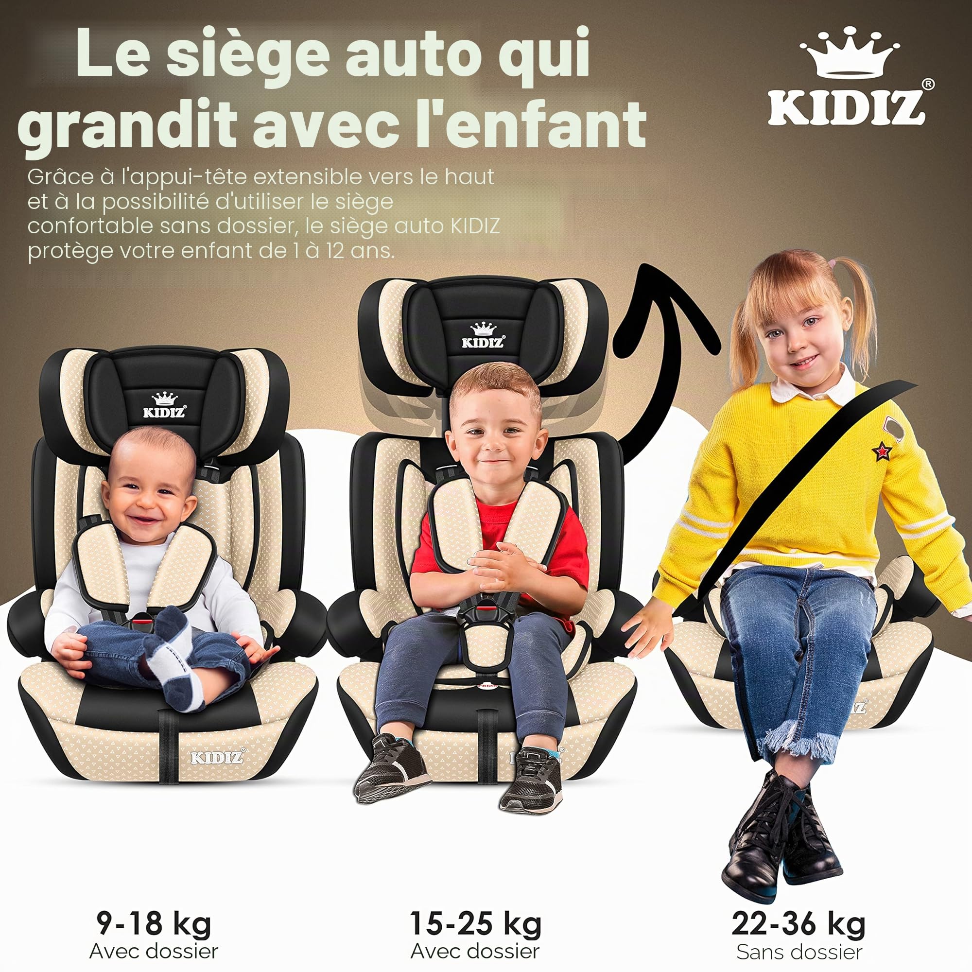 KIDIZ® Siège auto enfant | coque de siège auto | 9-36 kg 1-12 ans | Groupe 1/2/3 | universel | homologué selon ECE R44/04 | 6 couleurs différentes, Beige