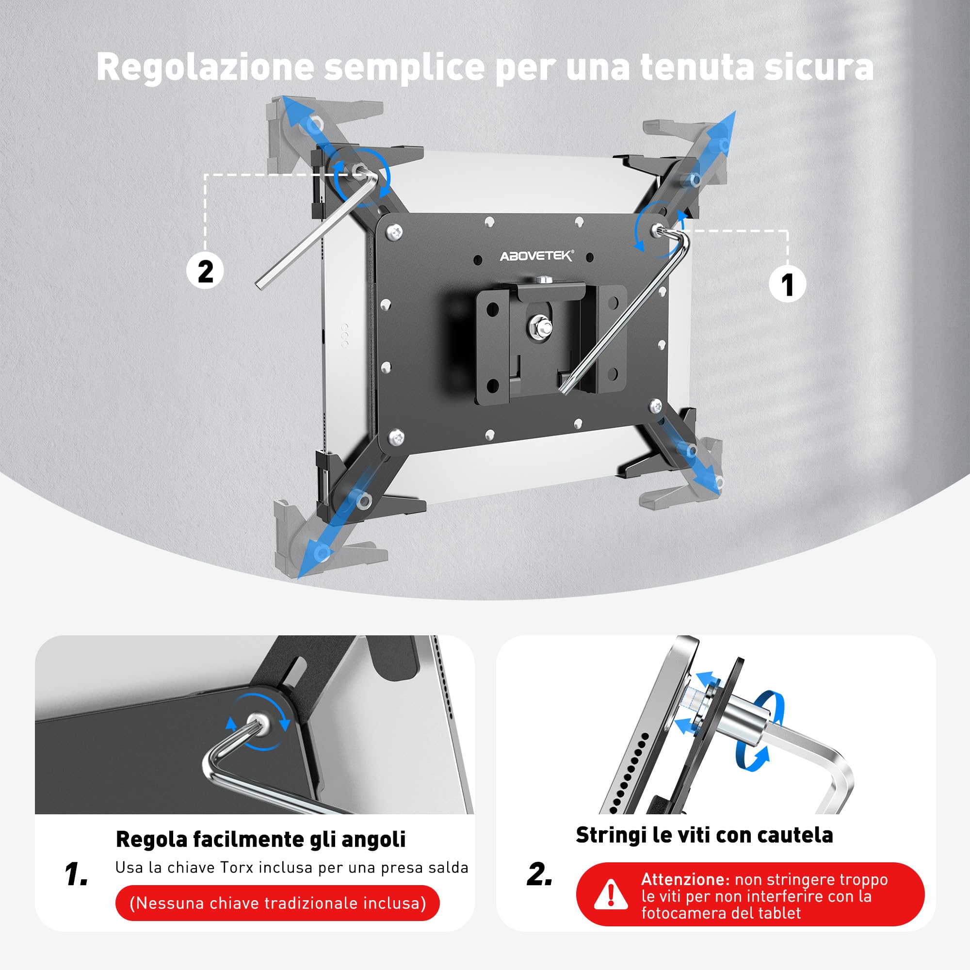 AboveTEK Supporto da Parete Universale per Tablet 9,7-13", Supporto Tablet da Muro con Blocco di Sicurezza, Rotazione 360°, Acciaio Robusto, per POS, Reception, Ufficio, Negozi