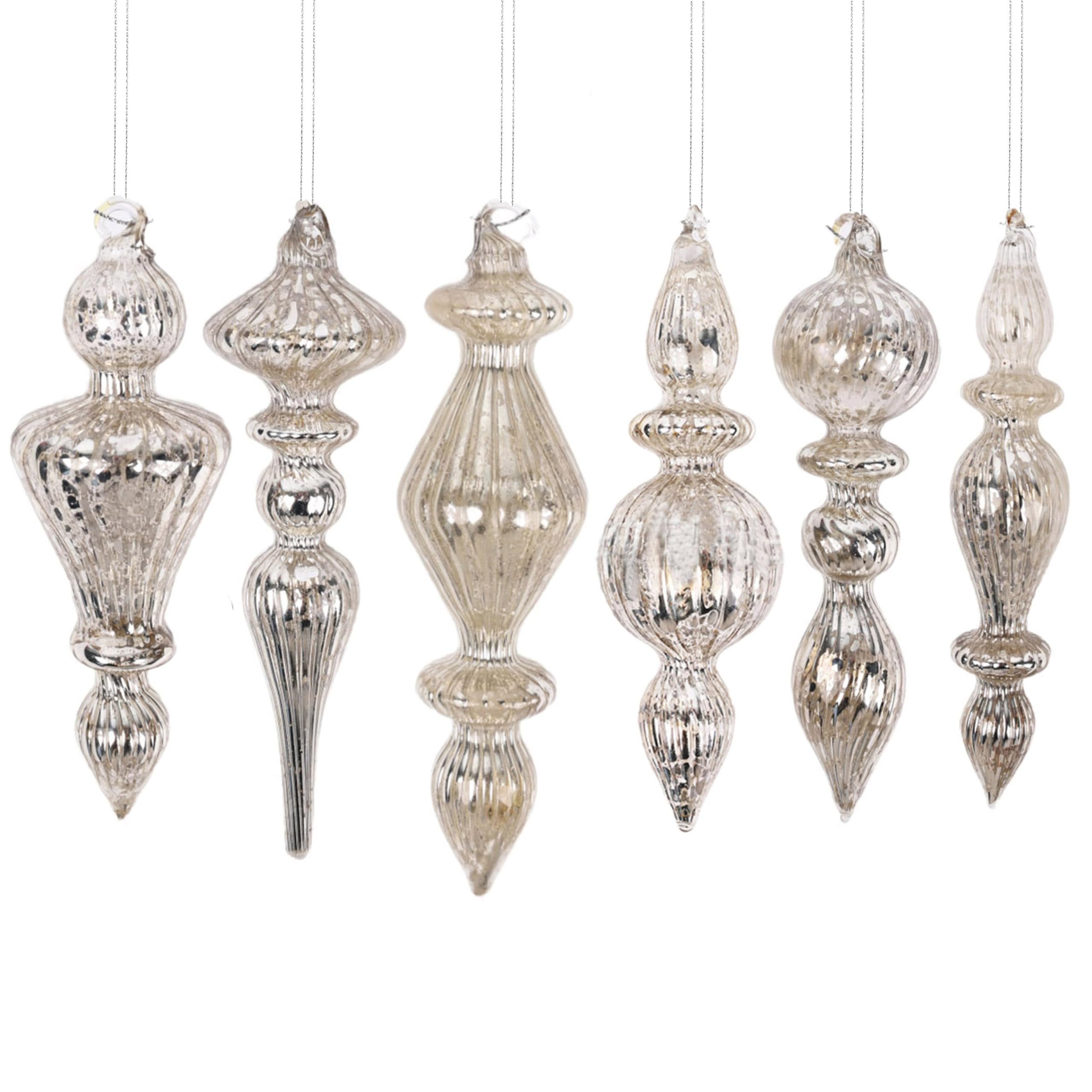 6 Stück Glas Endstücke, Glas Finale Ornamente Silber Dekor für Weihnachtsbaum, Vintage Urlaubsdekoration