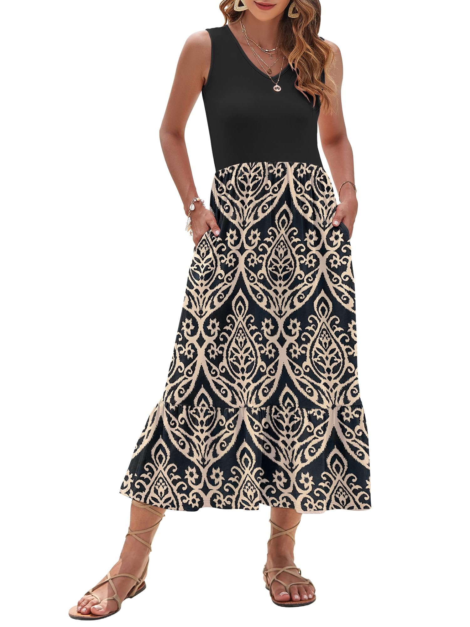 WNEEDU Maxi Dresses for Women 2026 Sleeveless V Neck Empire Waist Summer Dress with Pockets