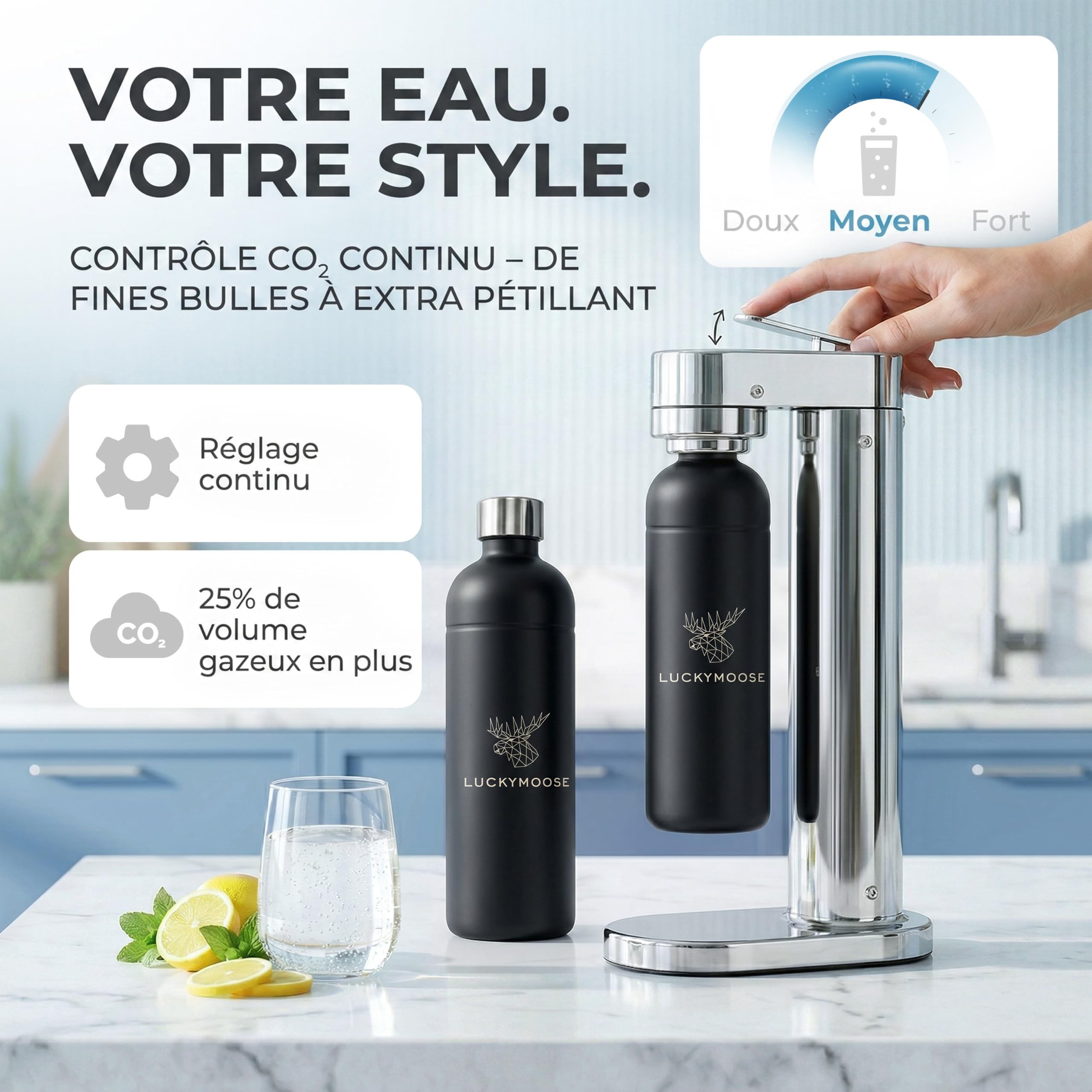 Luckymoose Infinity-S Machine à eau pétillante en acier inoxydable (Silver and Black) – Incl. 2x bouteilles 1,25L en inox – Machine a soda et eau gazeuse Maison & Cuisine & Design Compact