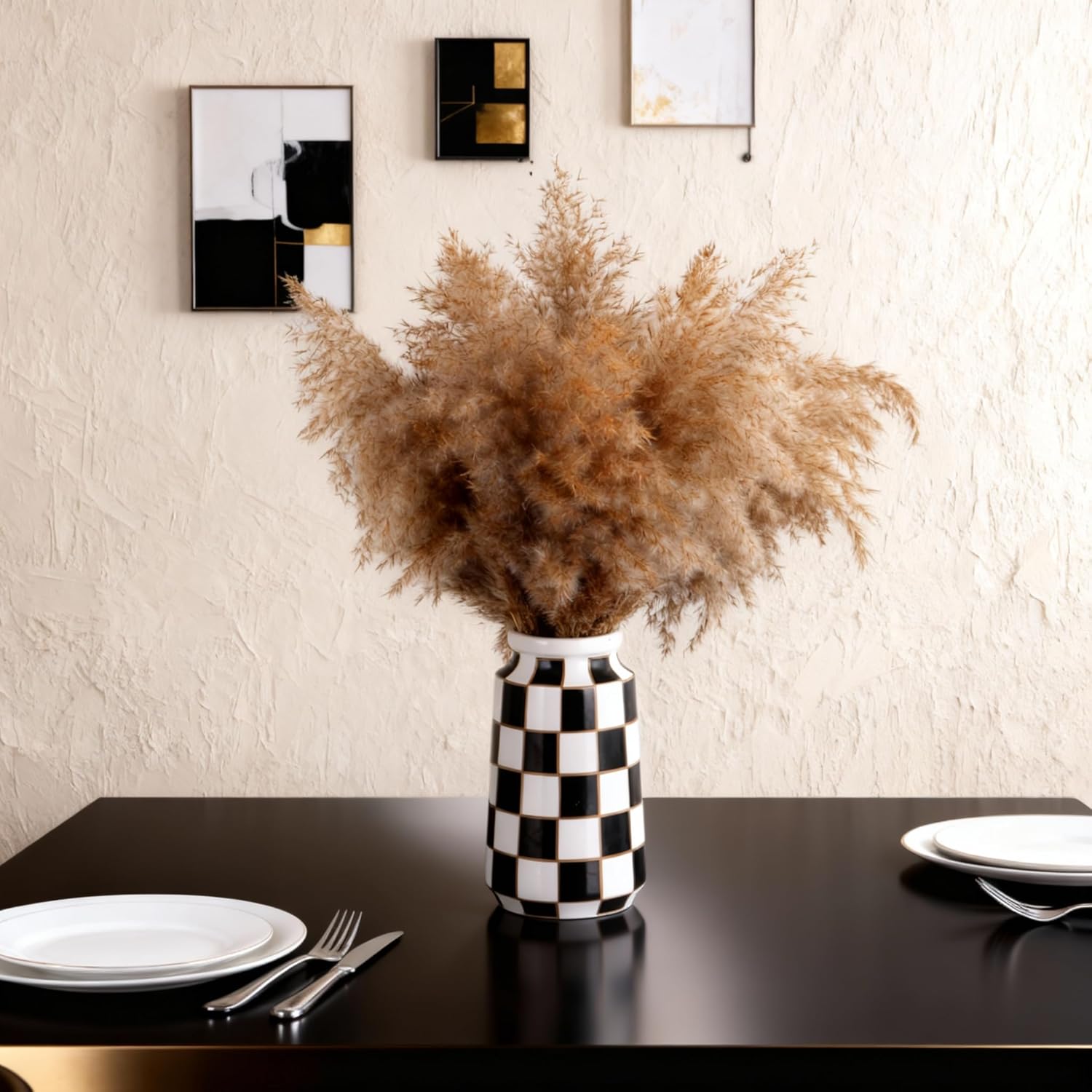Black and White Ceramic Vase, Mid Century Modern Checkered Vases for Flower&Pampas Grass Centerpiece, Black White Checkered Vase for Dining Table Kitchen Tabletop Minimalist Decorative (Black) - Image 3