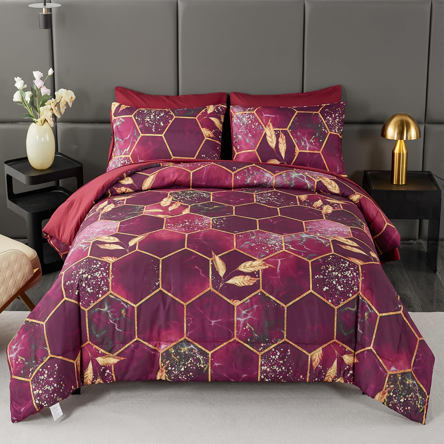 ANGIYUIN 7 Pcs Burgundy and Gold Queen Comforter Sets Print Hexagon Honeycomb Bed in A Bag, 3D Marble Watercolor Comforter Bedding Sets, Geometric Gold Trim Bed Sets with Sheets(Burgundy, Queen)
