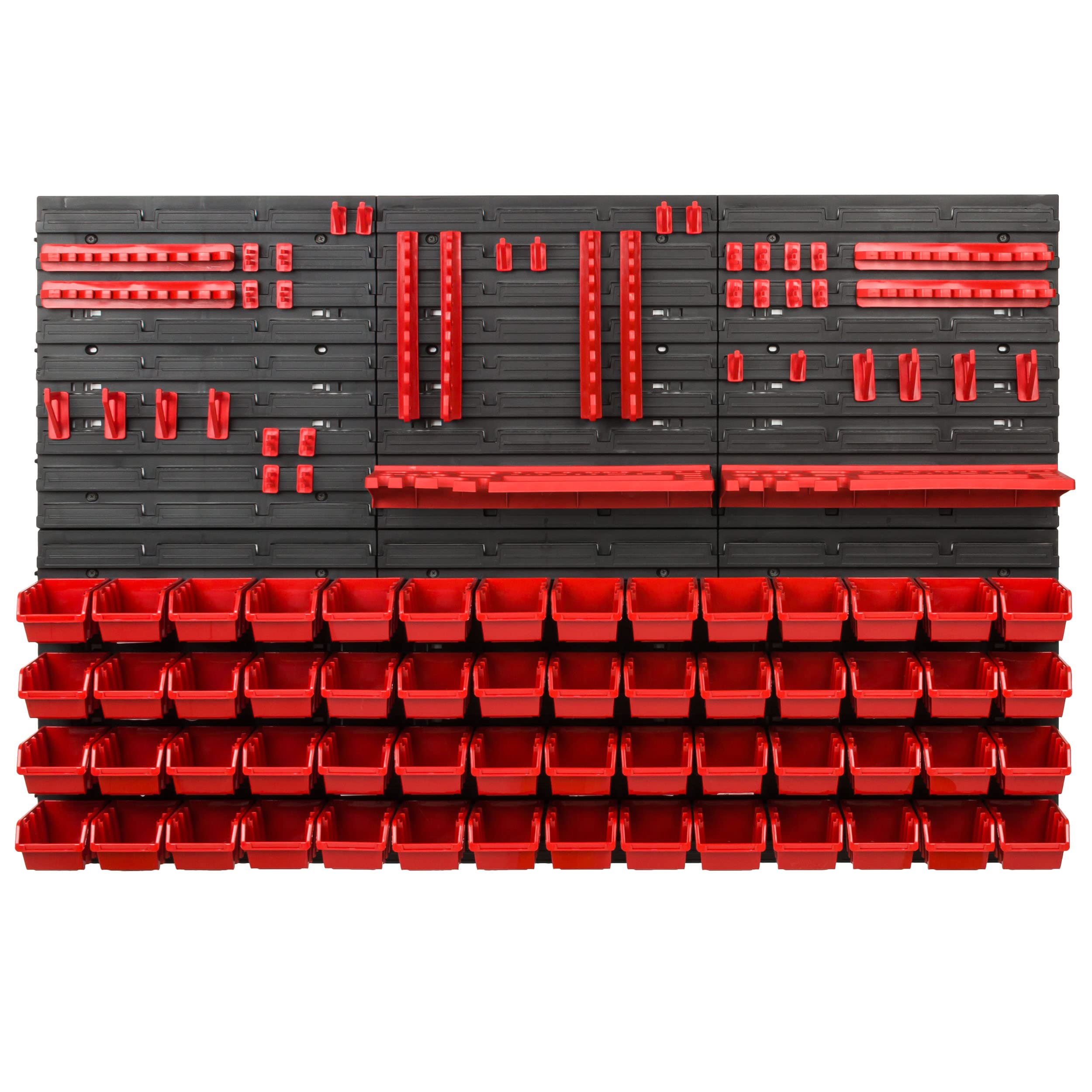 Scaffale da officina, 117 x 78 cm, 56 pezzi, con supporti per attrezzi e scatole impilabili, pannelli da parete, scaffali extra resistenti, per merci, garage, scaffali da parete