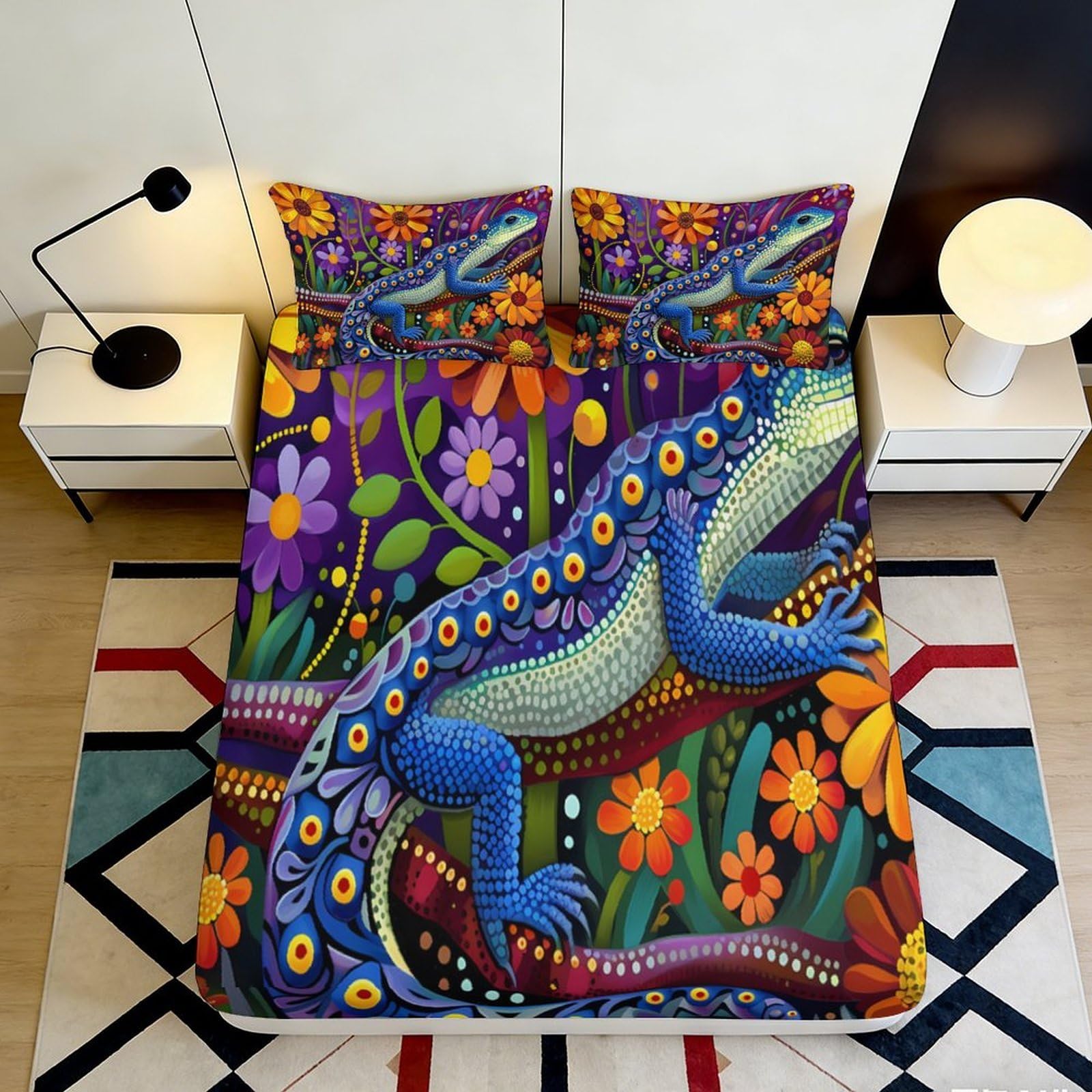 3D Printed Colorful Lizard Floral Fitted Sheet Microfiber Soft Vibrant Gecko Mattress Cover for Bedroom Dorm Decor 90x200x25cm