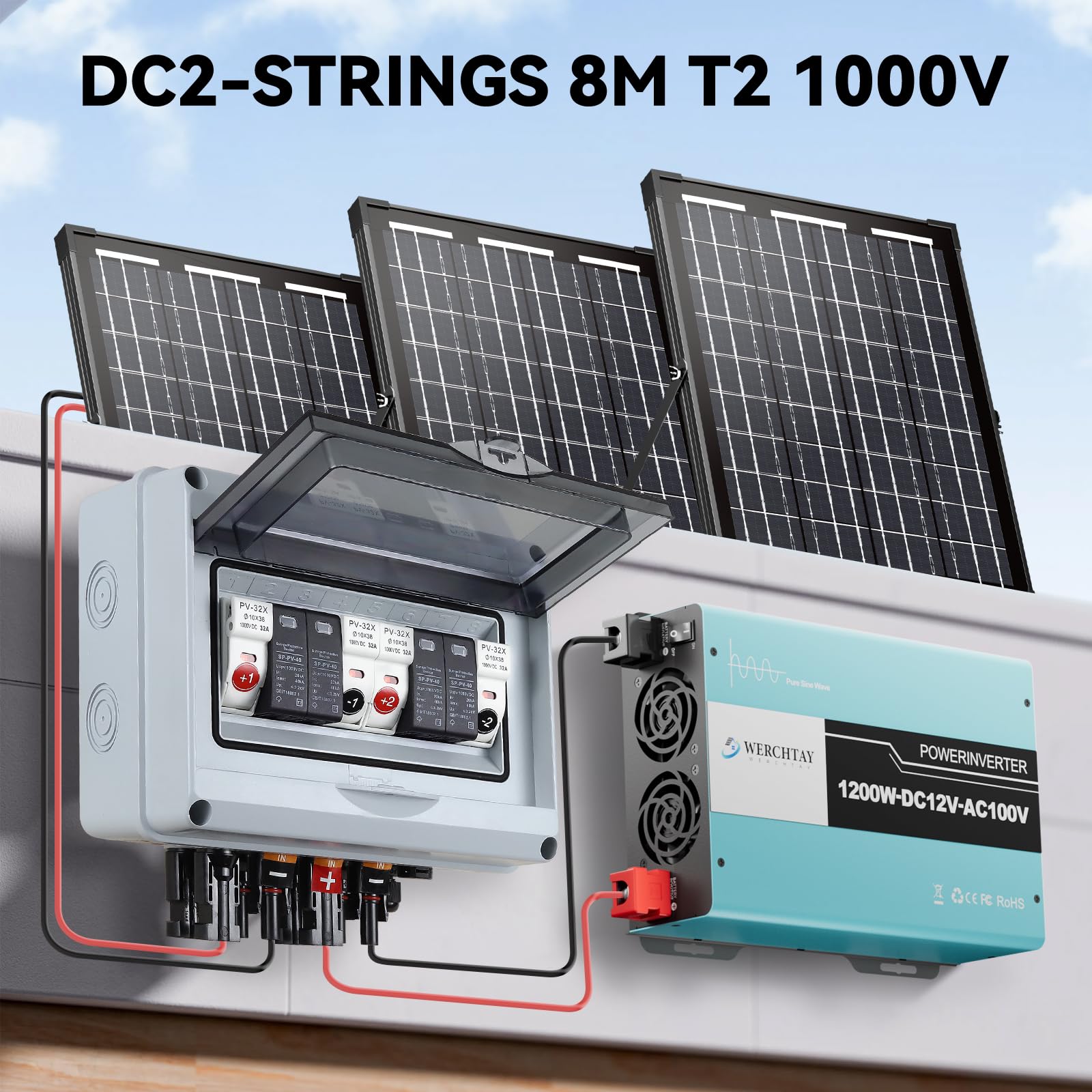 Solar PV Anschlusskasten Überspannungsschutz, 1000V 2-string 32A 2 in 2 out Solar Photovoltaik Combiner Box, IP65 Wasserdichtem Kunststoff- Verteilerkasten for den Außenbereich Sicherungsautomat