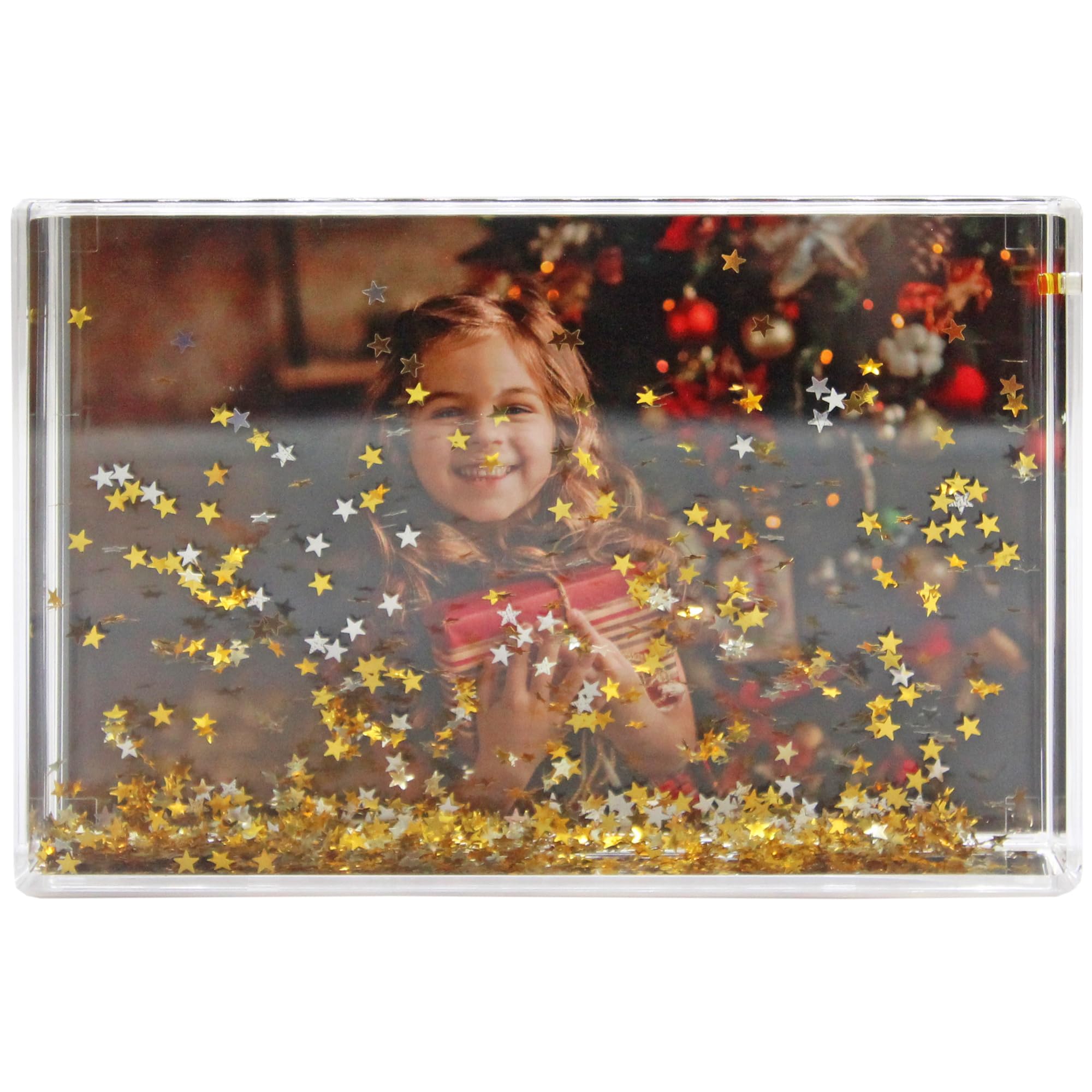 Glitter Photo Frame, Acrylic Picture Frame holds 10 x 15 cm (4 x 6 inch) Clear Frameless Desktop Photo Block with Glitter Star (Gold) - Ideal Personalised Gifts, Birthday Presents or Home Décor