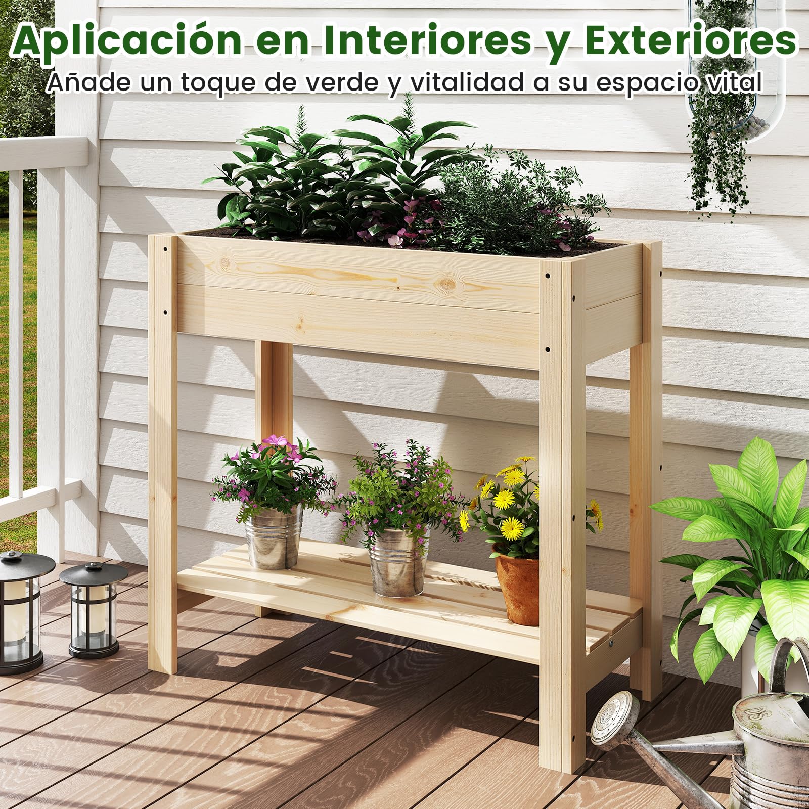 COSTWAY Huerto Urbano de Madera con Patas, Mesa de Cultivo, Jardinera Elevada con Estante, Drenaje, Caja de Plantación 81 x 37 x 77 cm, Jardineras Altas Exterior, para Terraza Exterior, Natural