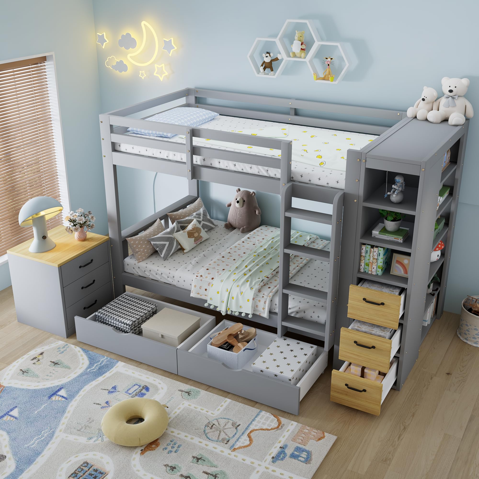 Letto a castello 90 x 200 cm, in legno, grigio chiaro, con 2 cassetti, ripiano laterale, cassetti, scala e comodino posizionabile liberamente, naturale