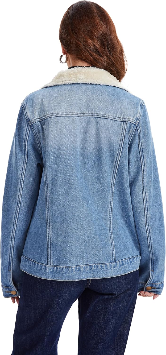J.Corrine Women's Sherpa lined Denim Trucker Jacket Winter warm fleece faux fur collar Casual Jean Coat with 6 Pockets - Image 3