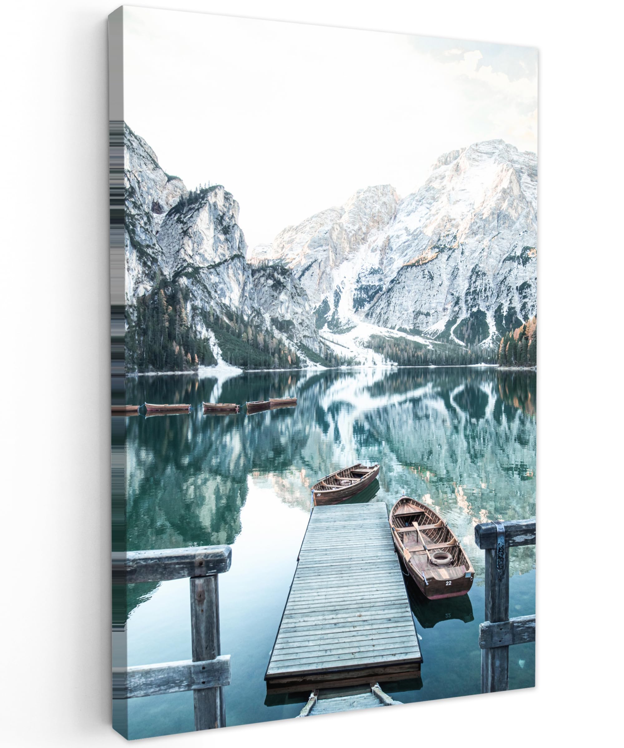 MuchoWow© Canvas Wall Art 24"x35" / 60x90 cm Decor Paintings Print framed on Canvas Pictures for Hallway Nature - Mountains - Snow - Forest - Boat