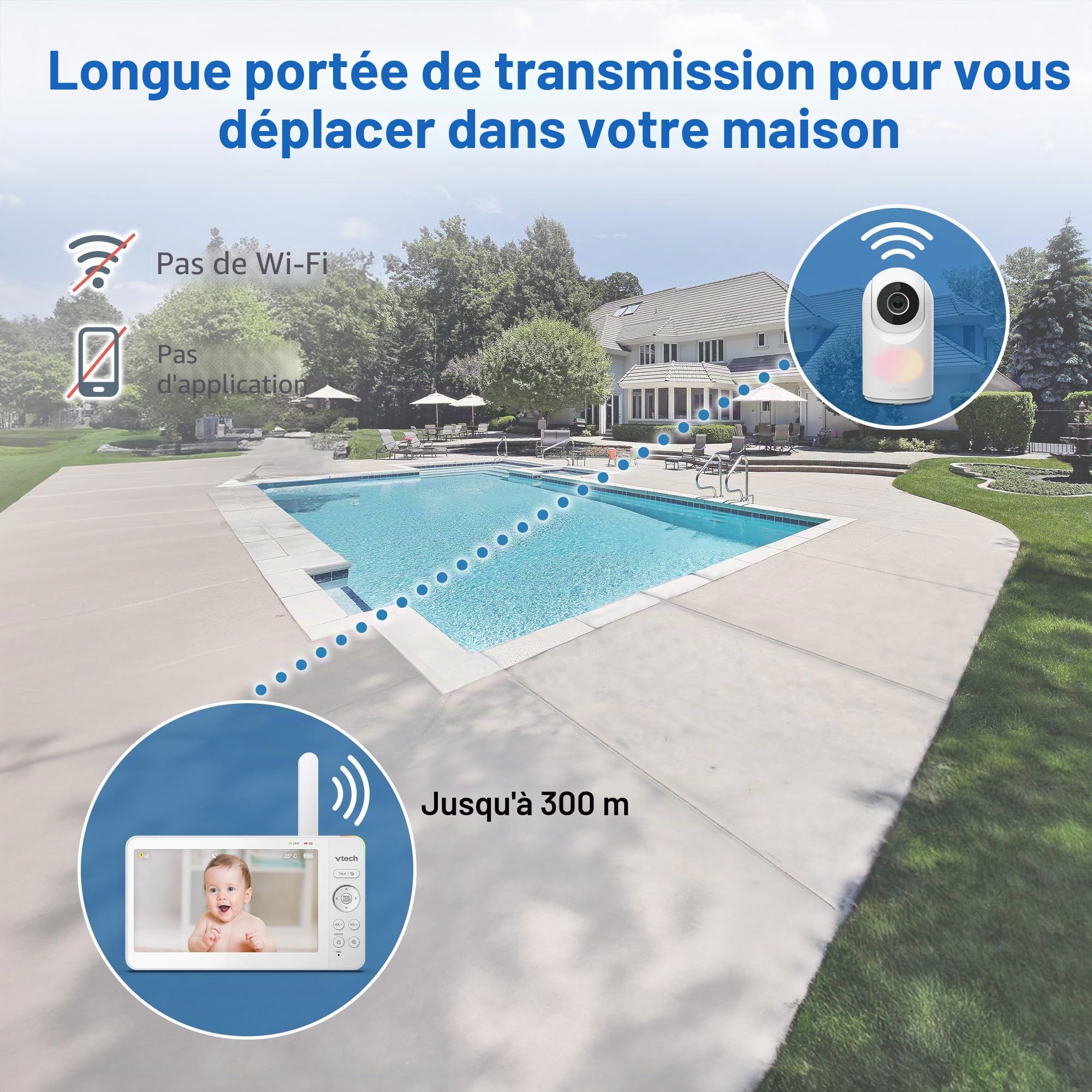 VTech VM7467 Moniteur pour bébé avec écran LCD 7", Zoom inclinable panoramique à Distance, Vue Grand Angle de 178°, Sons apaisants et berceuses, veilleuse Multicolore, Conversation bidirectionnelle,