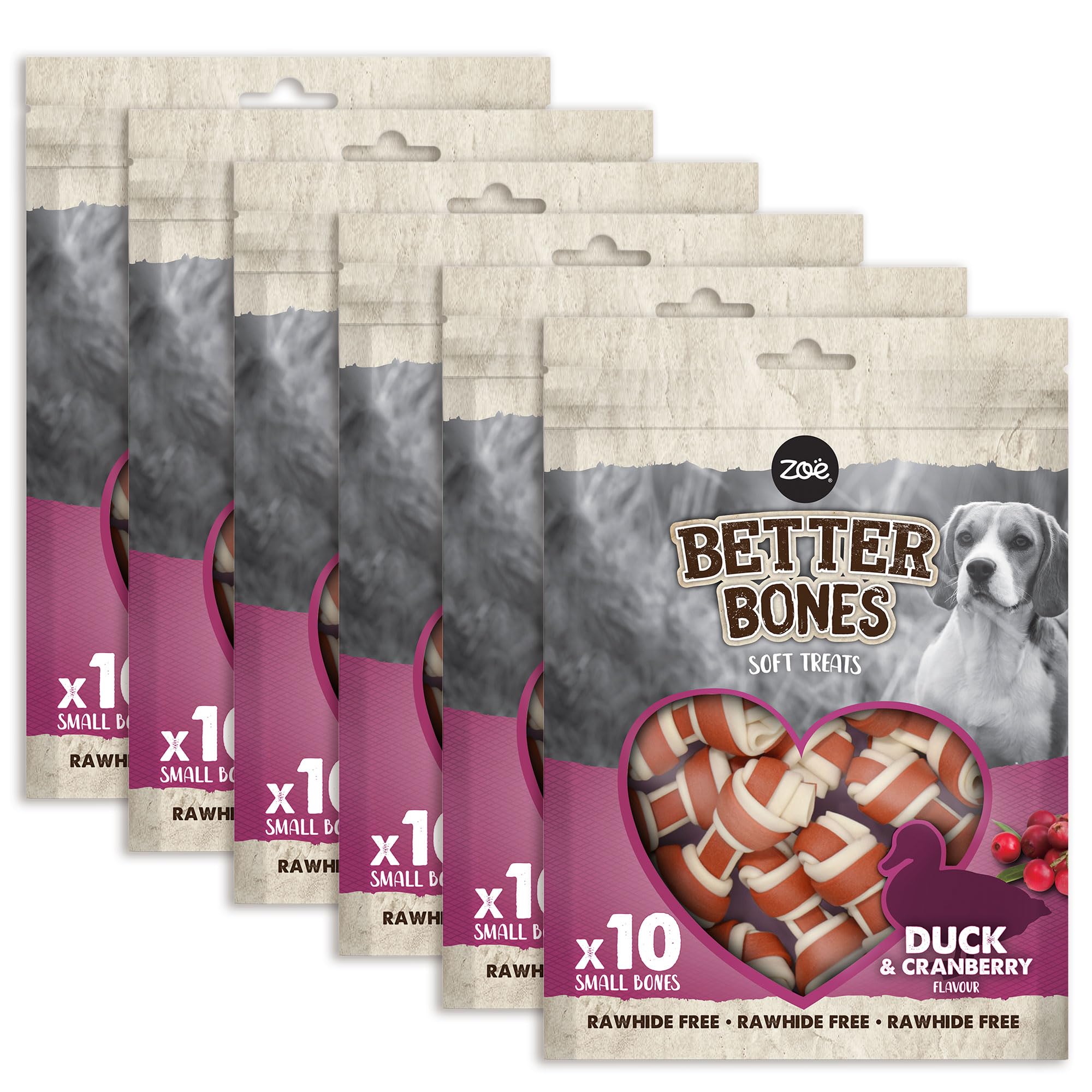 Zoë Better Bones Soft Dog Treat Chews, Pouch of Rawhide-Free, Bone-Shaped Dog Training Chews - Duck & Cranberry Flavour, 6 Bags of 10 pcs