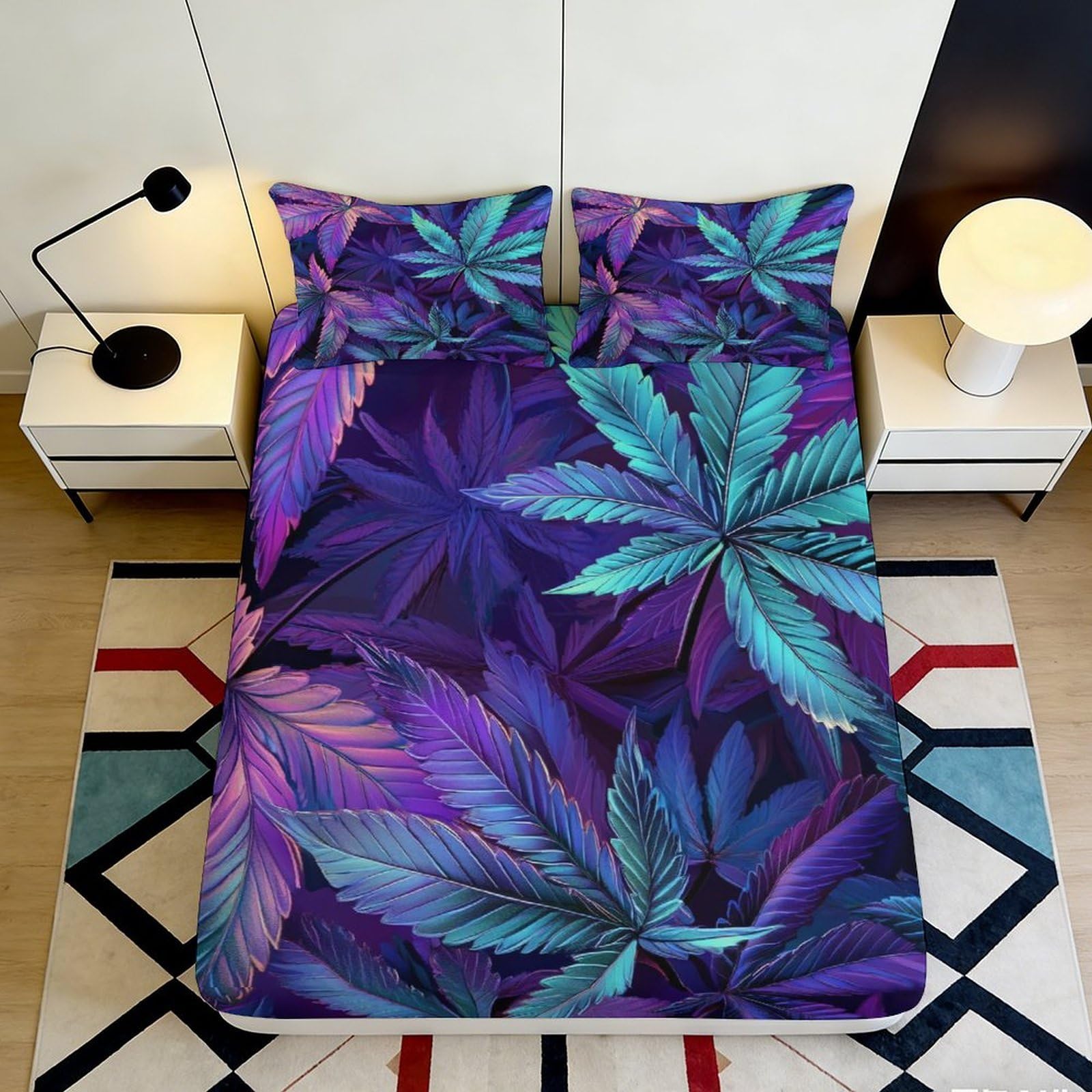 3D Printed Purple Leaf Fitted Sheet Microfiber Soft Botanical Jungle Mattress Cover for Bedroom Guest Room Decor 90x200x25cm