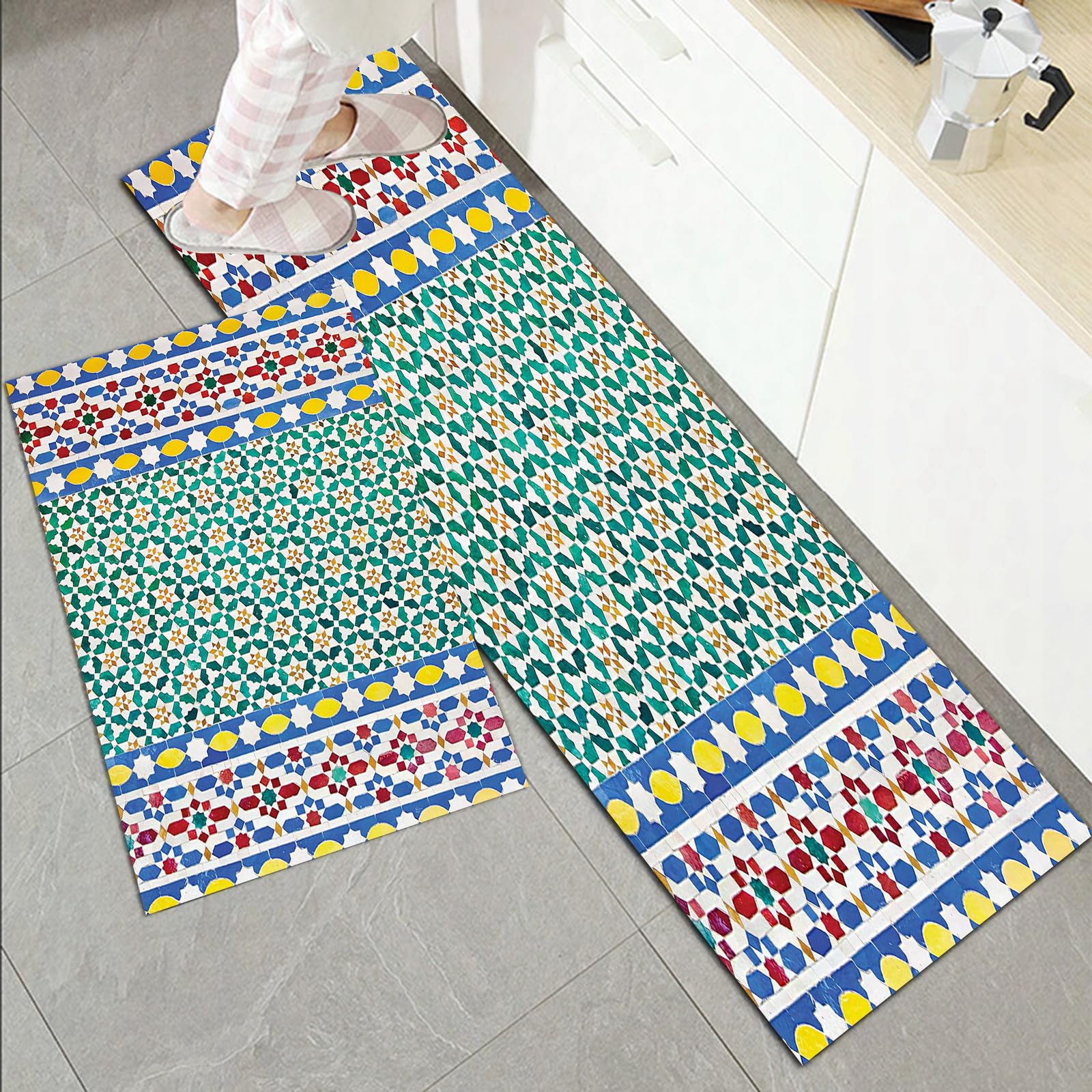Set di 2 tappetini da Cucina Antiscivolo e tappeti,Set marocchino, colorato mosaico marocchino a parete in stile mediorientale ,Con Retro in Gomma, Resistente, Lavabile in Lavatrice 45x70 cm+45x120 cm