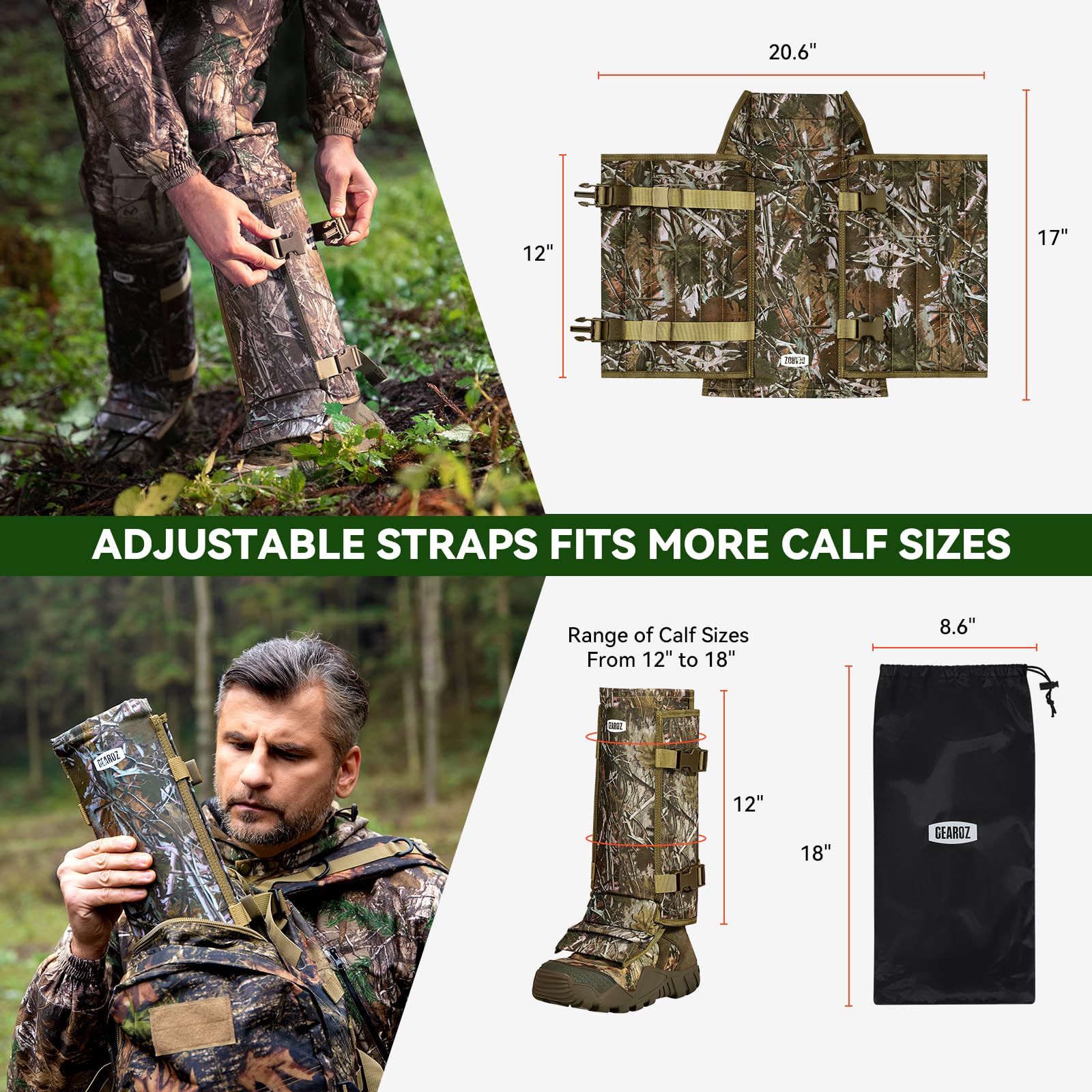 GearOZ Guêtres de protection imperméables pour jambes inférieures - Guêtres de protection contre les morsures de serpent pour homme/femme, taille réglable pour la chasse, la randonnée, le travail