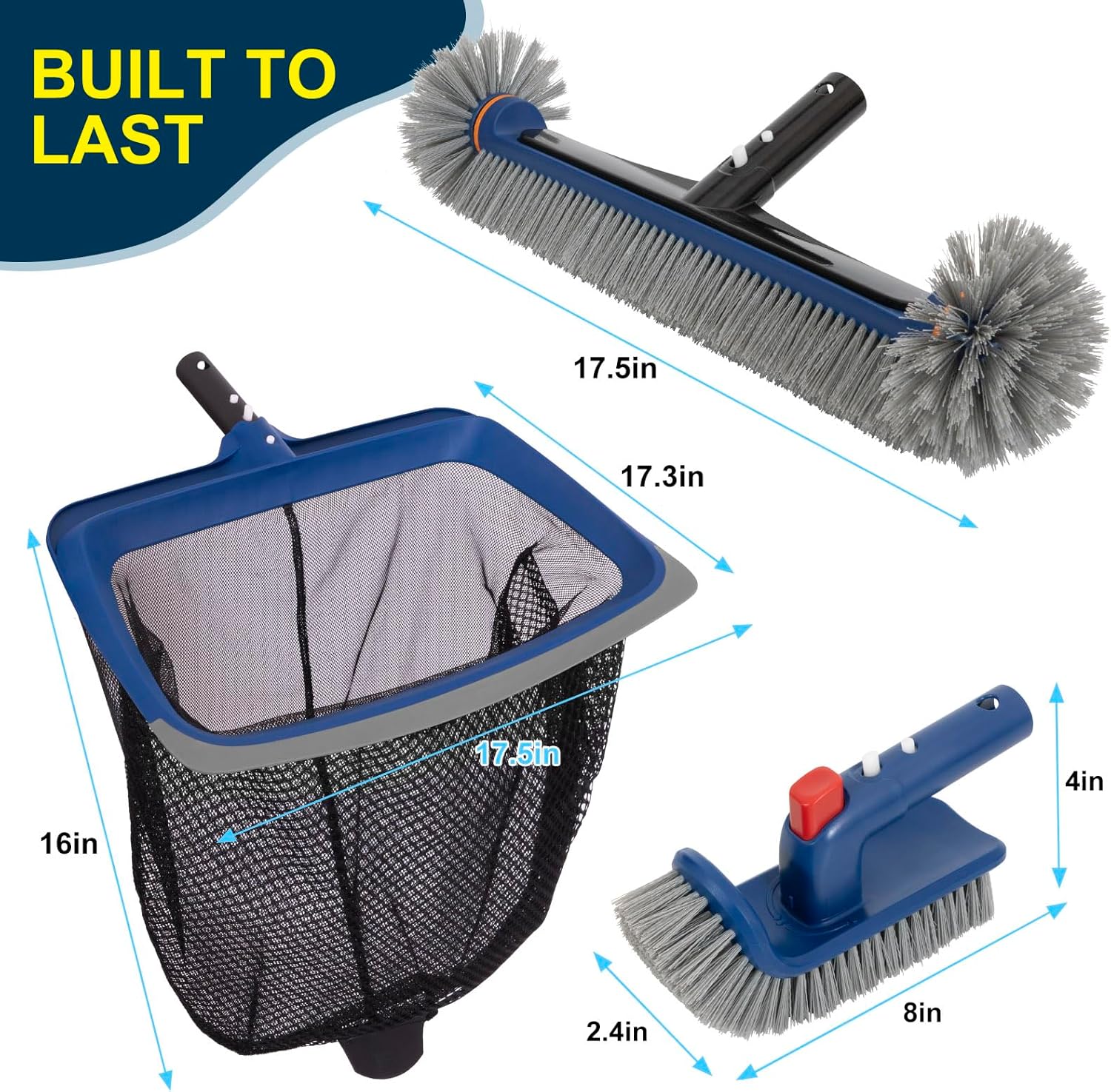 Deluxe Swimming Pool Cleaning Kit Including Pool Skimmer Net with Rubber Edge, 17.5" Pool Brush Head & Rotatable Pool Scrub Brush, Heavy Duty Pool Cleaning Kit Inground & Above Ground Pool (No Pole) - Image 6