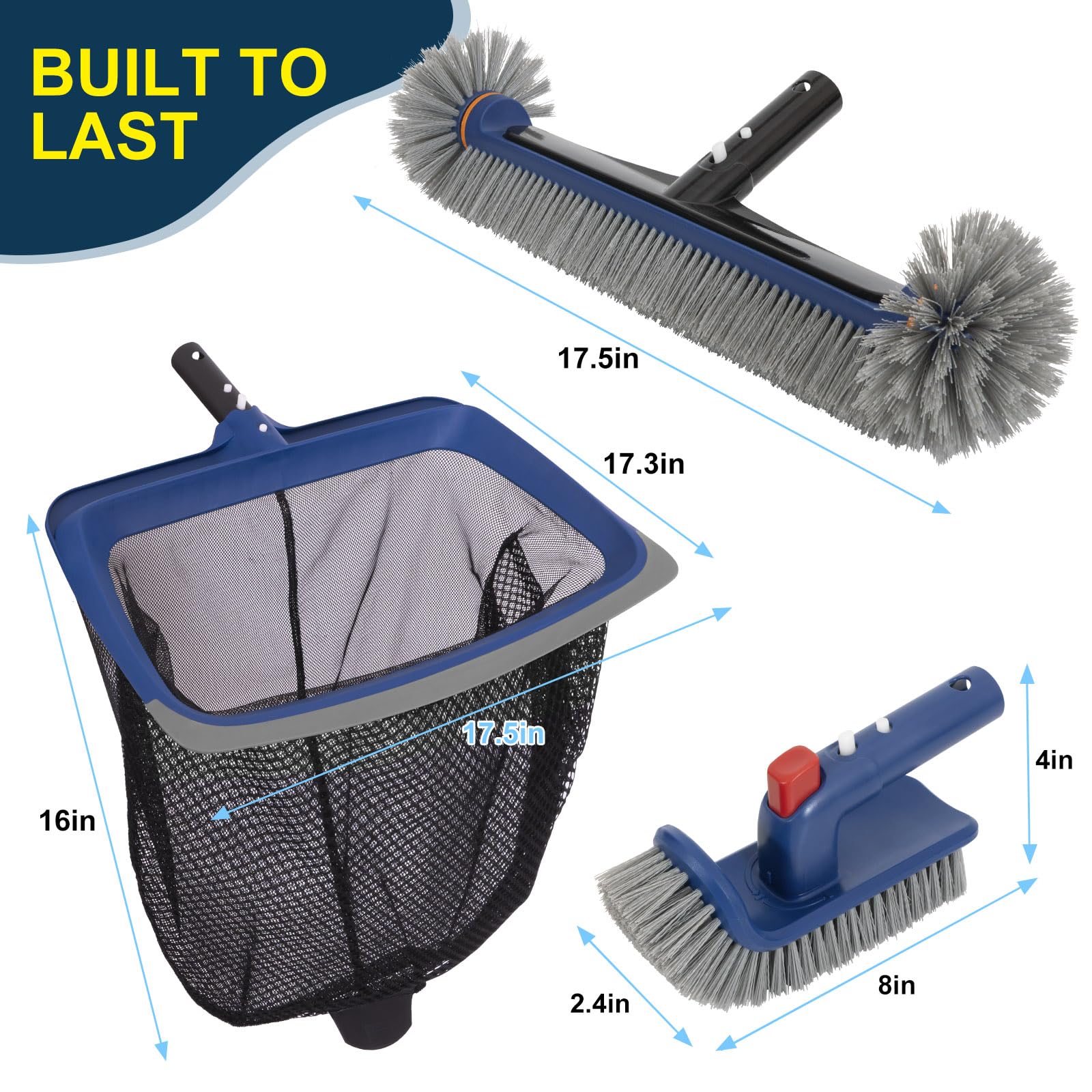 Kit d'entretien de piscine de luxe avec filet d'épuisette avec bord en caoutchouc, tête de brosse de piscine de 44,5 cm et brosse à récurer portable, kit de nettoyage de piscine creusée et hors sol