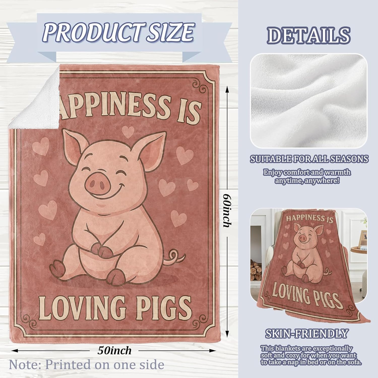 Adorable Pig Blanket, Loving Animal Theme 60 x 50 Inch Flannel Throw Blanket, Gifts for Women Kids, Lightweight Cozy Warm Blankets for Sofa Travel Home Decor - Image 3