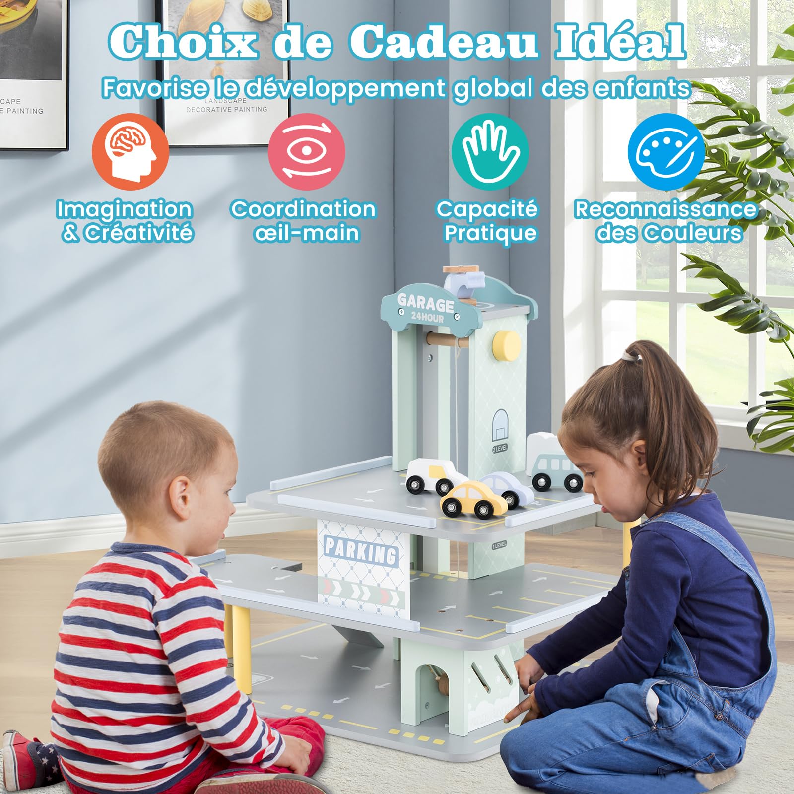 COSTWAY Garage en Bois à 3 Niveaux Enfants avec 4 Voitures & 1 Hélicoptère, Garage de Stationnement avec Ascenseur Amovible, Station-Service & Héliport, Jeu d'Imitation pour Enfant de 3 Ans+