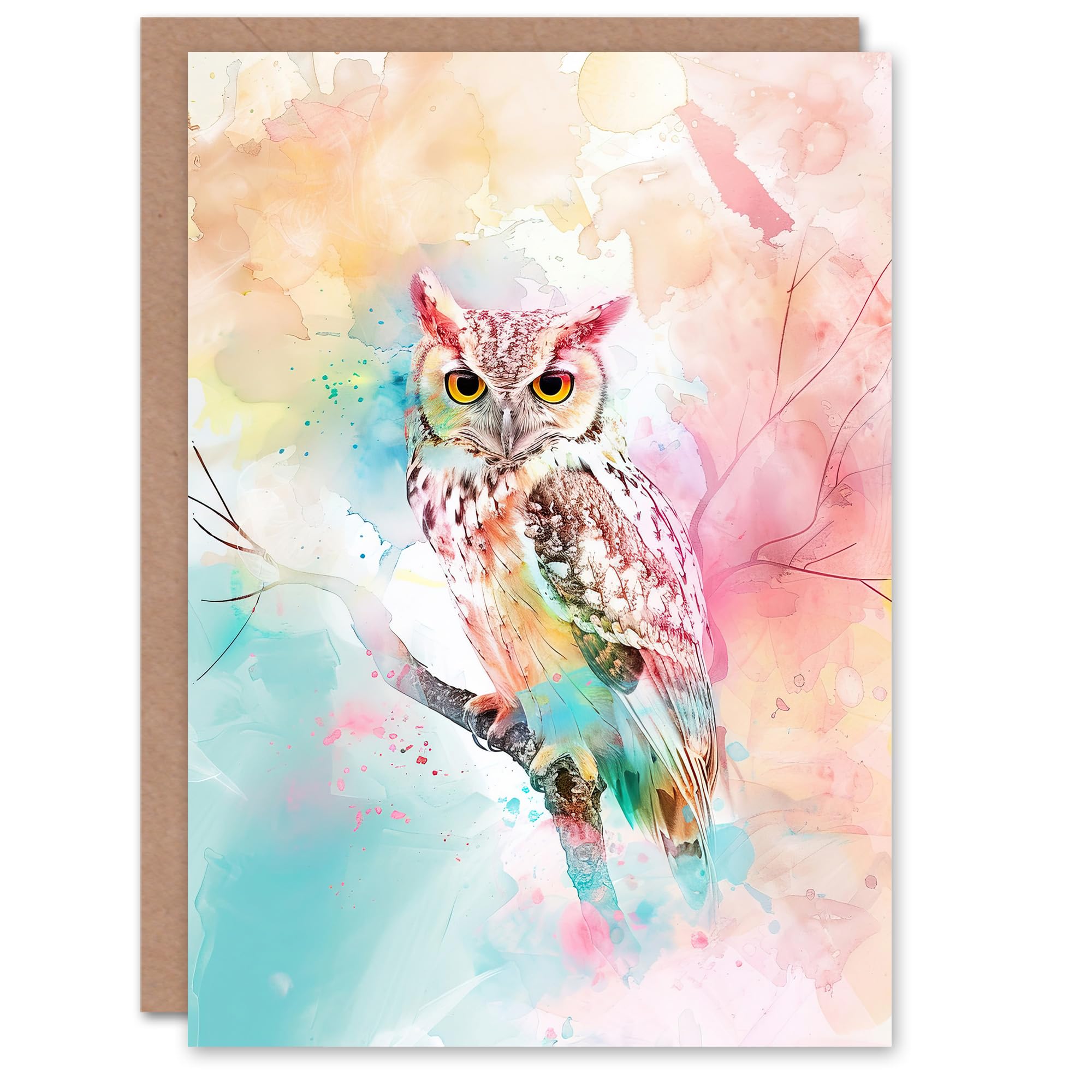 Artery8 Greeting Card Owl on Branch Portrait Pastel Rainbow Watercolour Blank For All Him Or Her Art Birthday Card