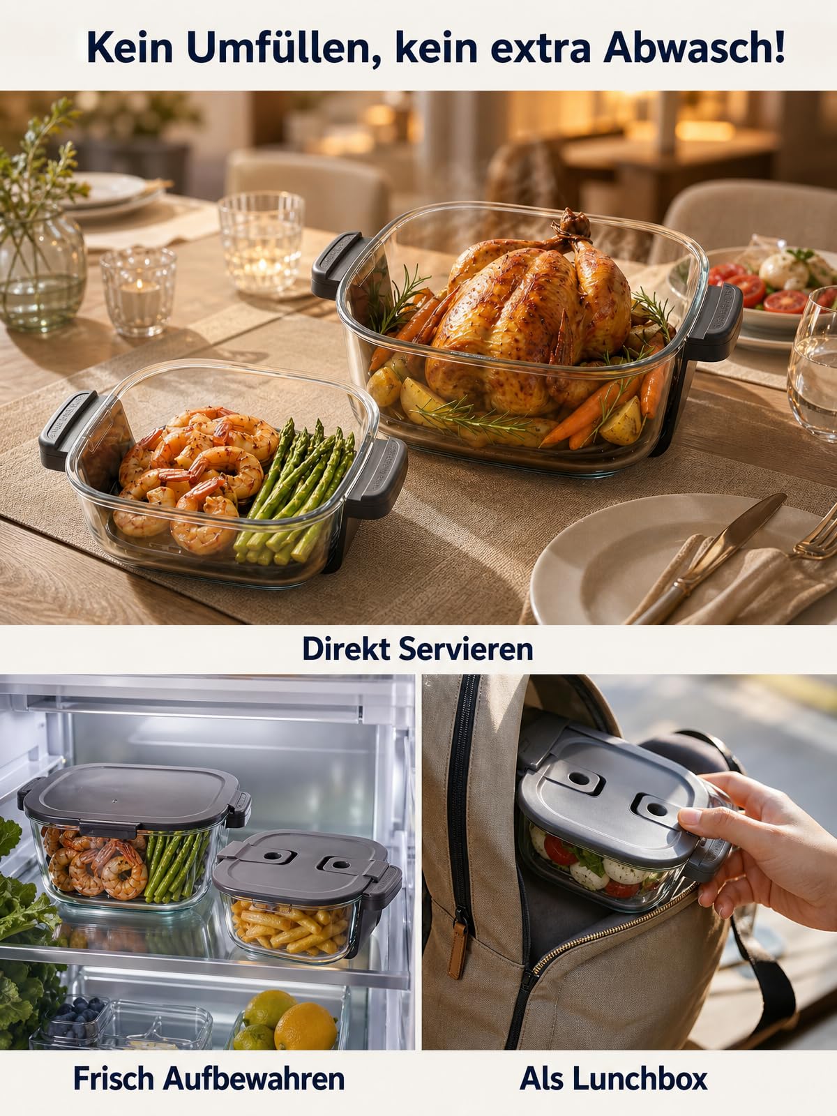 Cartman Tragbare Glas Heißluftfritteuse mit 2 Behältern (3,8 L + 1,4 L), 5-in-1 zum Frittieren, Braten, Warmhalten & Recrisp, Kompakt für Alltag und Familie, 1500W