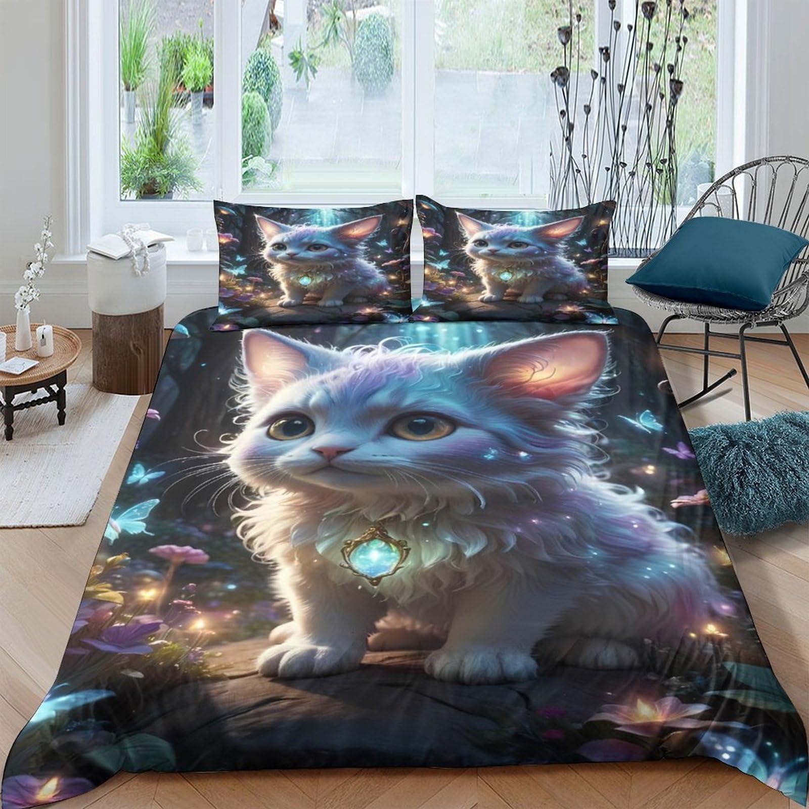 TUFRTGYHN 3D Printed Cute Cat Duvet Cover Microfiber Soft Breathable Fantasy Butterfly Quilt Cover Set with 2 Pillowcases for Bedroom Decor Single（135x200cm）