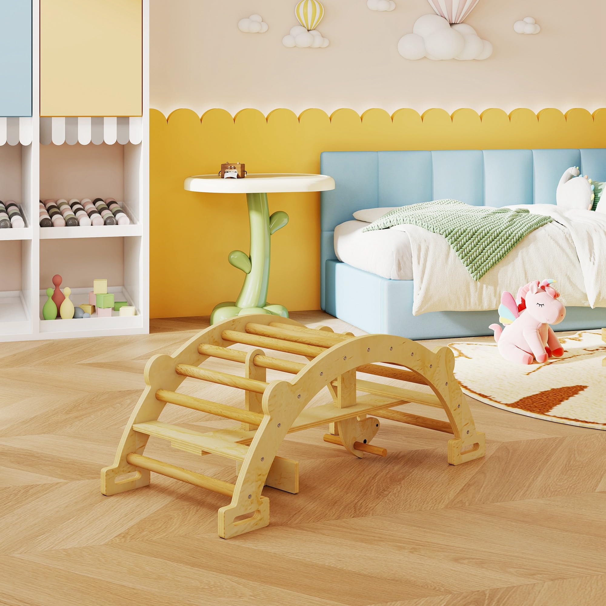 AIYAPLAY 2 en 1 Arco de Escalada de Madera y Caballito Balancín, Estructura de Escalada Montessori, Juguetes Educativo de Interior para Niños de 2-4 Años, Natural