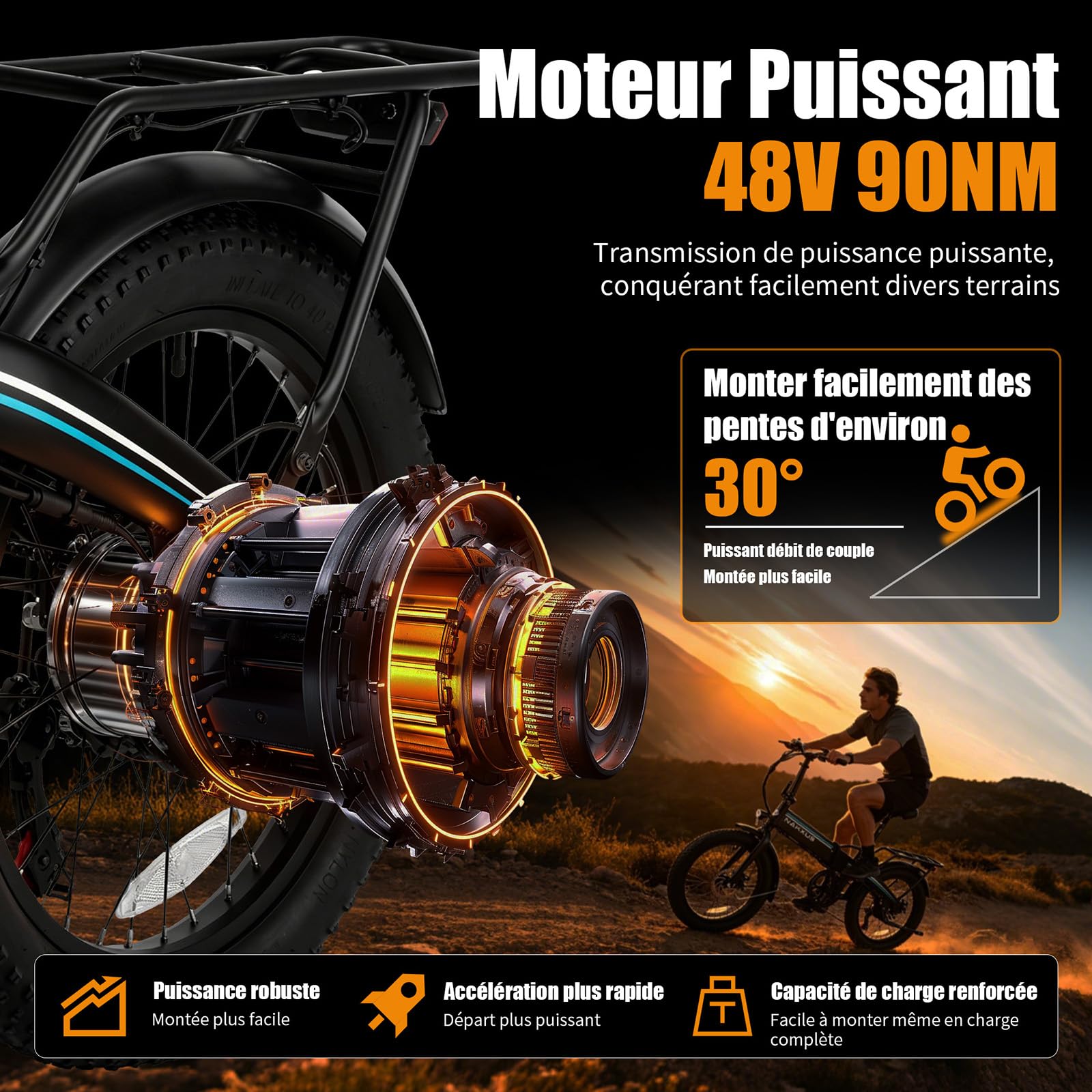 Vélo électrique 20F063, vélo électrique de 20" avec moteur de 250 W, batterie 48 V 11,6 Ah, dérailleur à 7 vitesses, écran LCD, portée jusqu'à 80 km
