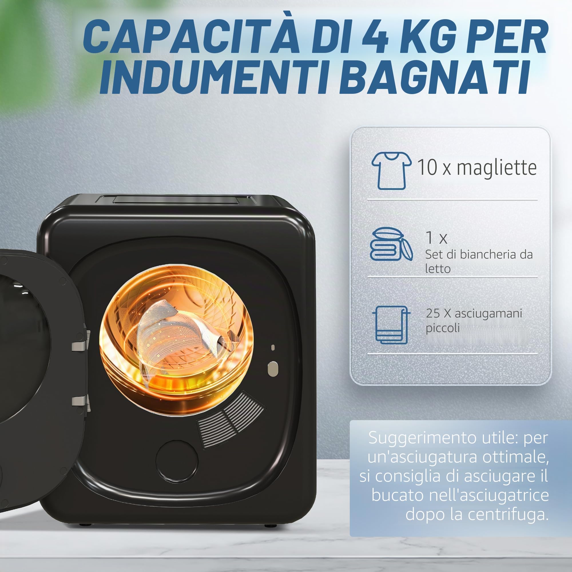 HOMCOM Mini asciugatrice con 6 programmi touch screen LED, 4 kg, fino a 60 °C, 800 W, autoportante, montaggio a parete, con protezione contro il surriscaldamento, asciugatrice per vestiti, nero