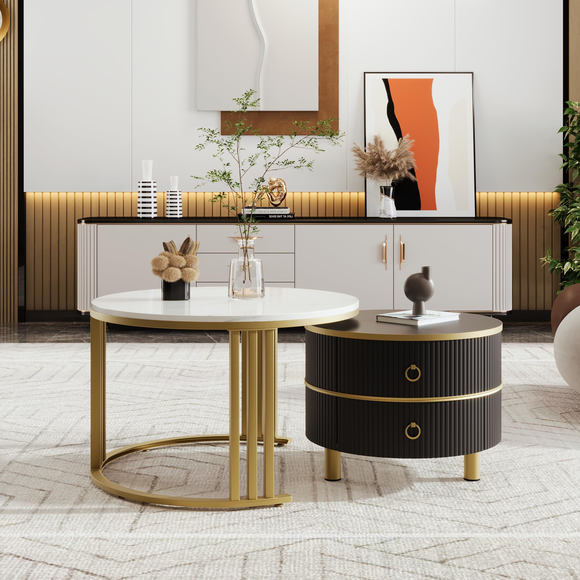 ModernLuxe 2-in-1 MDF Coffee Tables for Living Room, White Round Coffee Table with Marble Top and Golden Metal Frame Legs, Black Side Table with 2 Drawers, Modern Nest of Tables for Saving Space — image 1