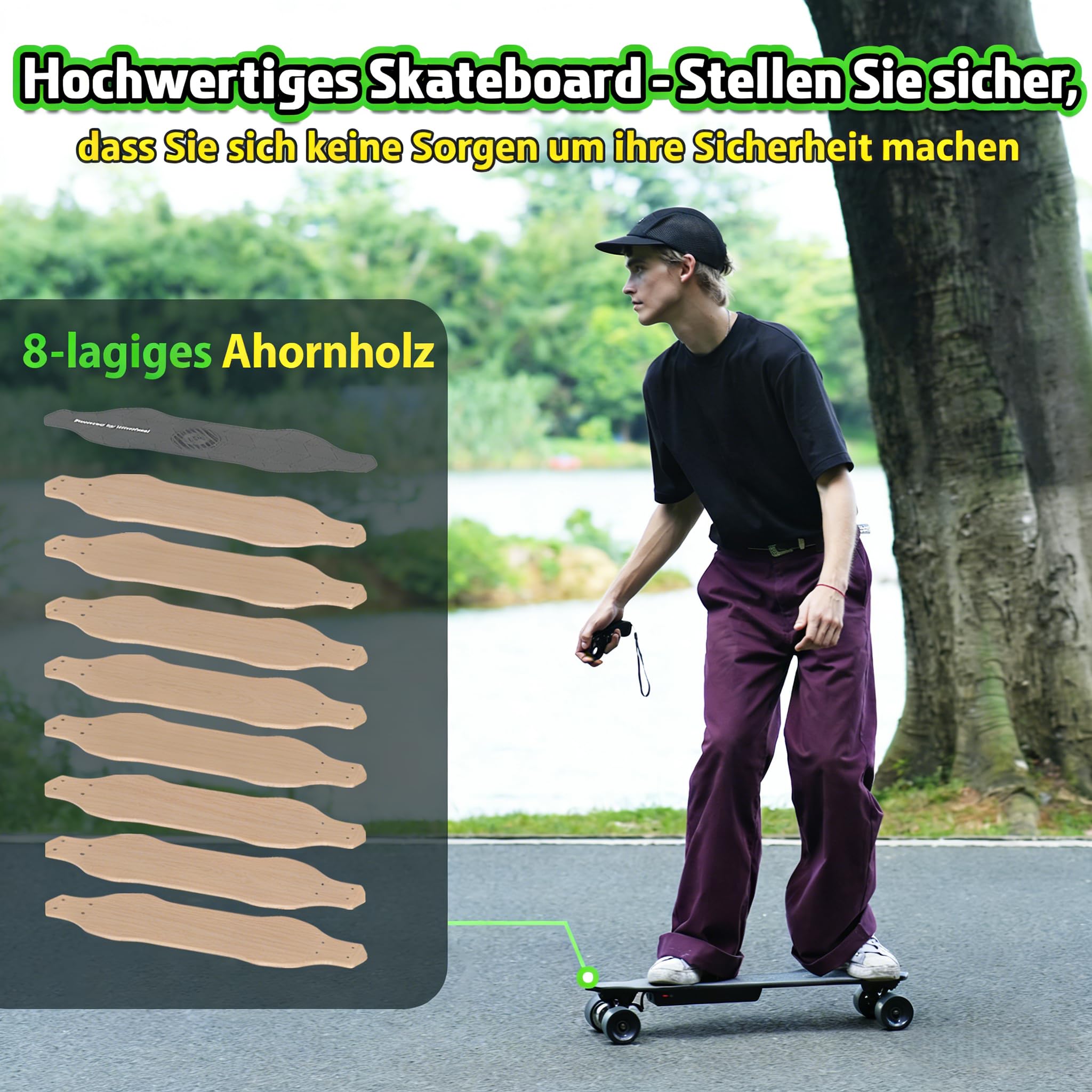 Elektro Skateboard Jugendliche mit Fernbedienung,19KM/H mit 300W Motor,12-16KM Reichweite,Fernbedienung Mit 4 Geschwindigkeitsstufen,Wasserdicht Schockabsorbierendes Longboard für Anfänger