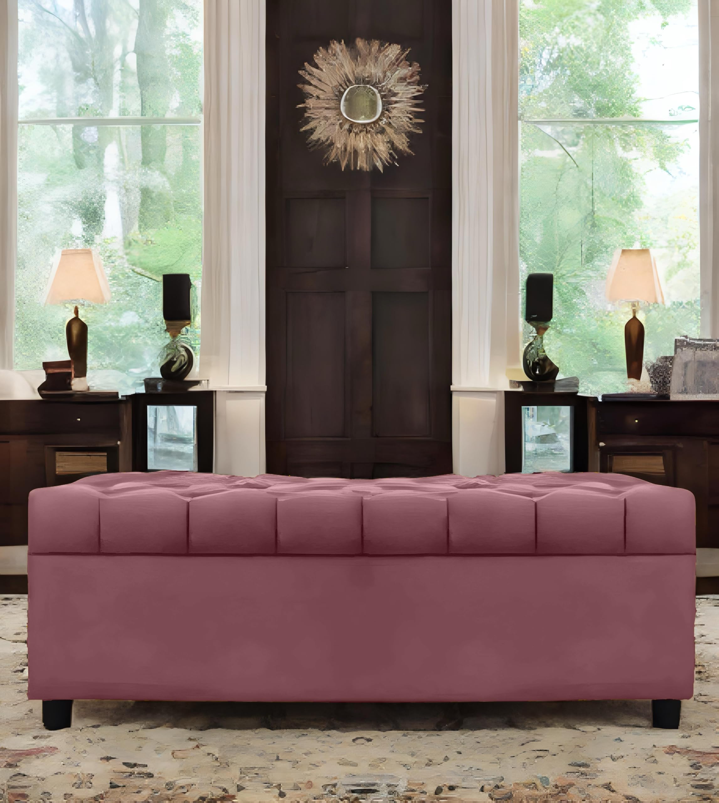 AMATA Eagle 2 Seater Ottoman/pouffe Mauve Colour Suede Velvet Fabric with Two Cushions Perfect for Home Living Room and Guests (Mauve, 2 Seater)(3 Year Warranty)