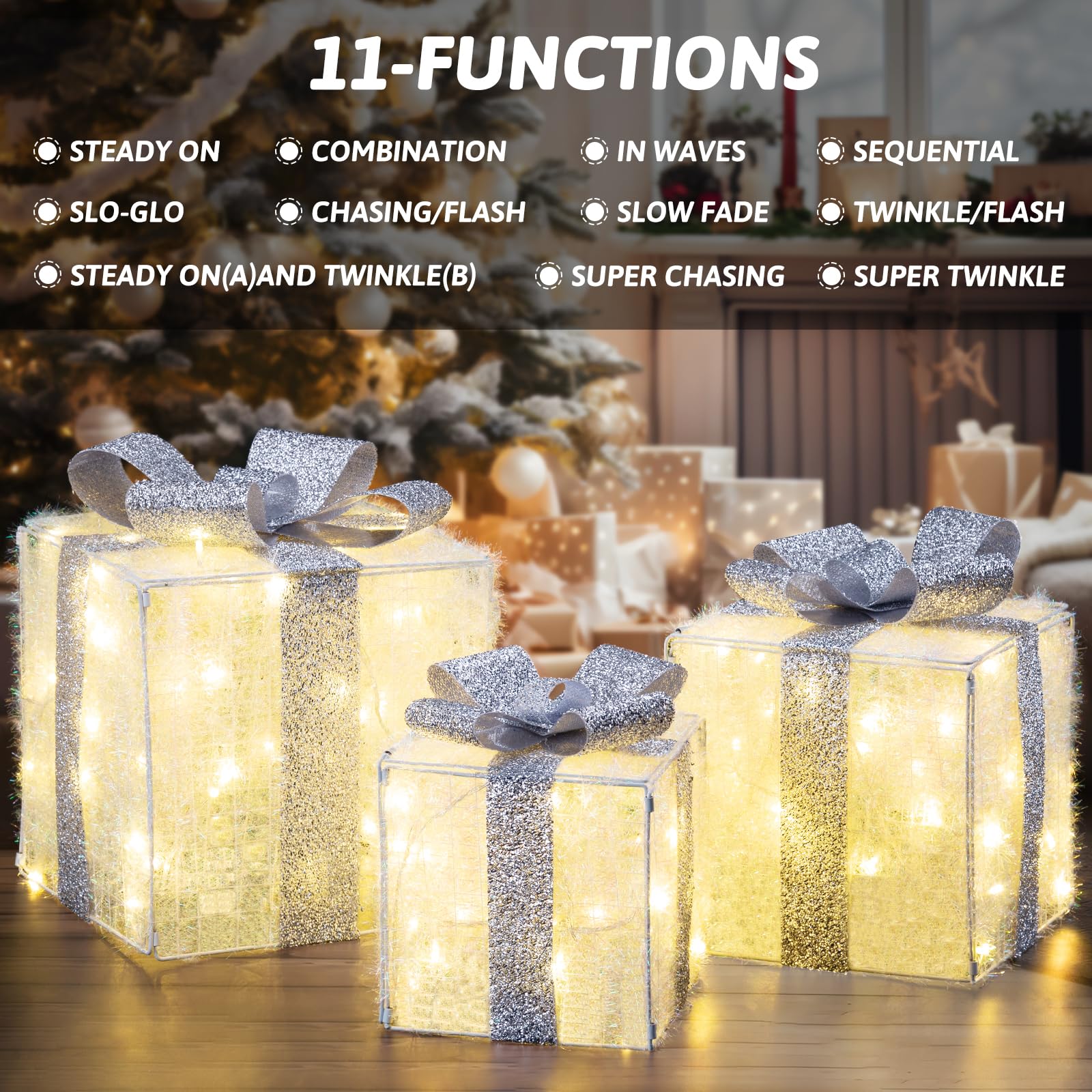 Quntis 3 Set LED Geschenkbox Weihnachtsdeko Innen Strombetrieben | 117 warmweiße LEDs, 30CM Großer beleuchtete Boxen, Lichterdeko Geschenkpakete für Weihnachtsbaum Fensterbank Garten