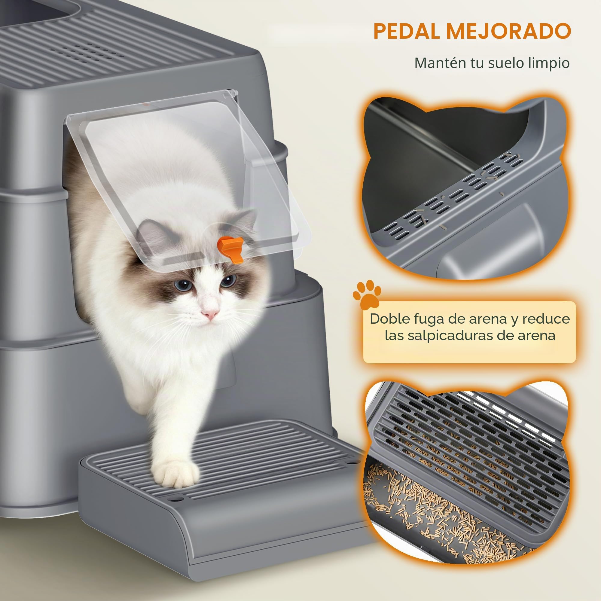 Arenero Acero Inoxidable Gatos con Cajón, 65x44x40cm, Gris Oscuro | XXL Arenero Metalico Cerrado para Gatos, Incluye Pedal y Pala, Control de Olores, Fácil de Limpiar, Dos Entradas FPLB201SG2