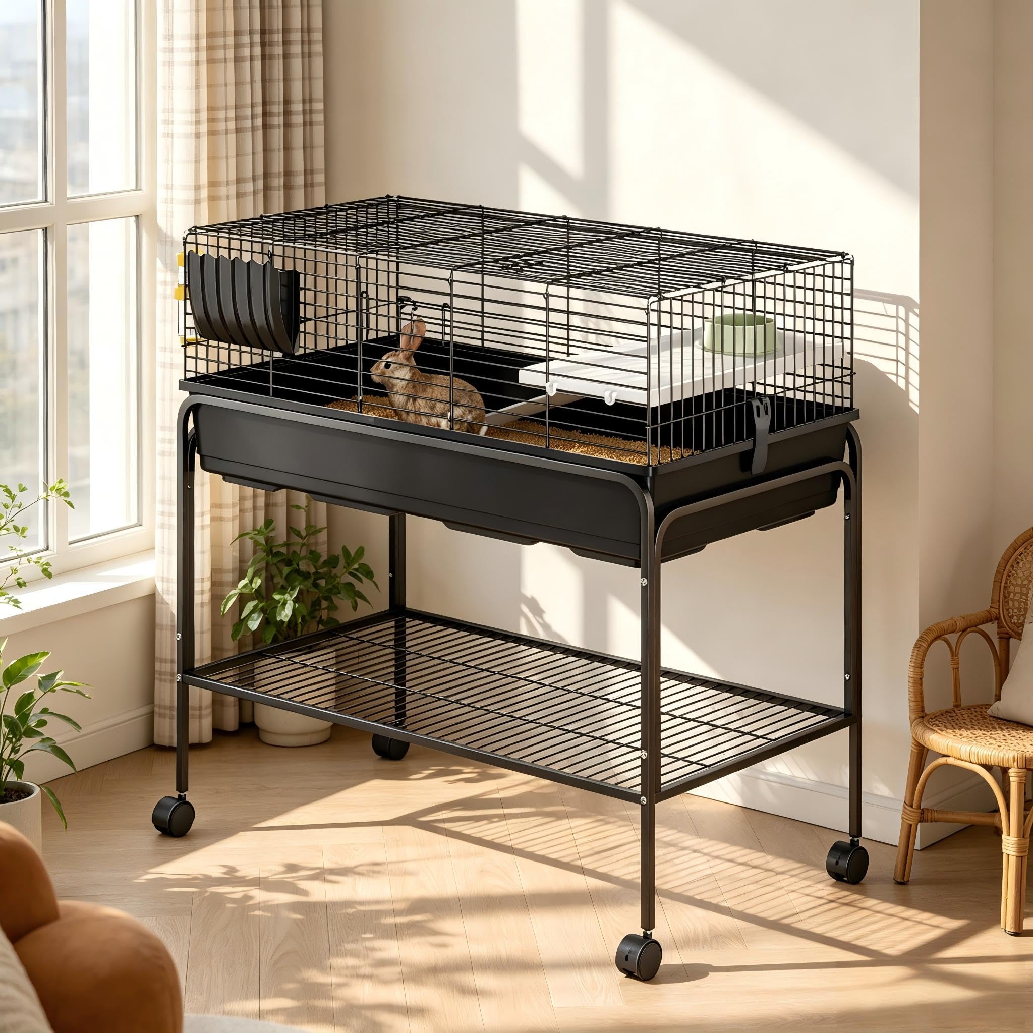 Garvee 35.3" H Indoor Rabbit Cage with Removable Storage Shelf, Black
