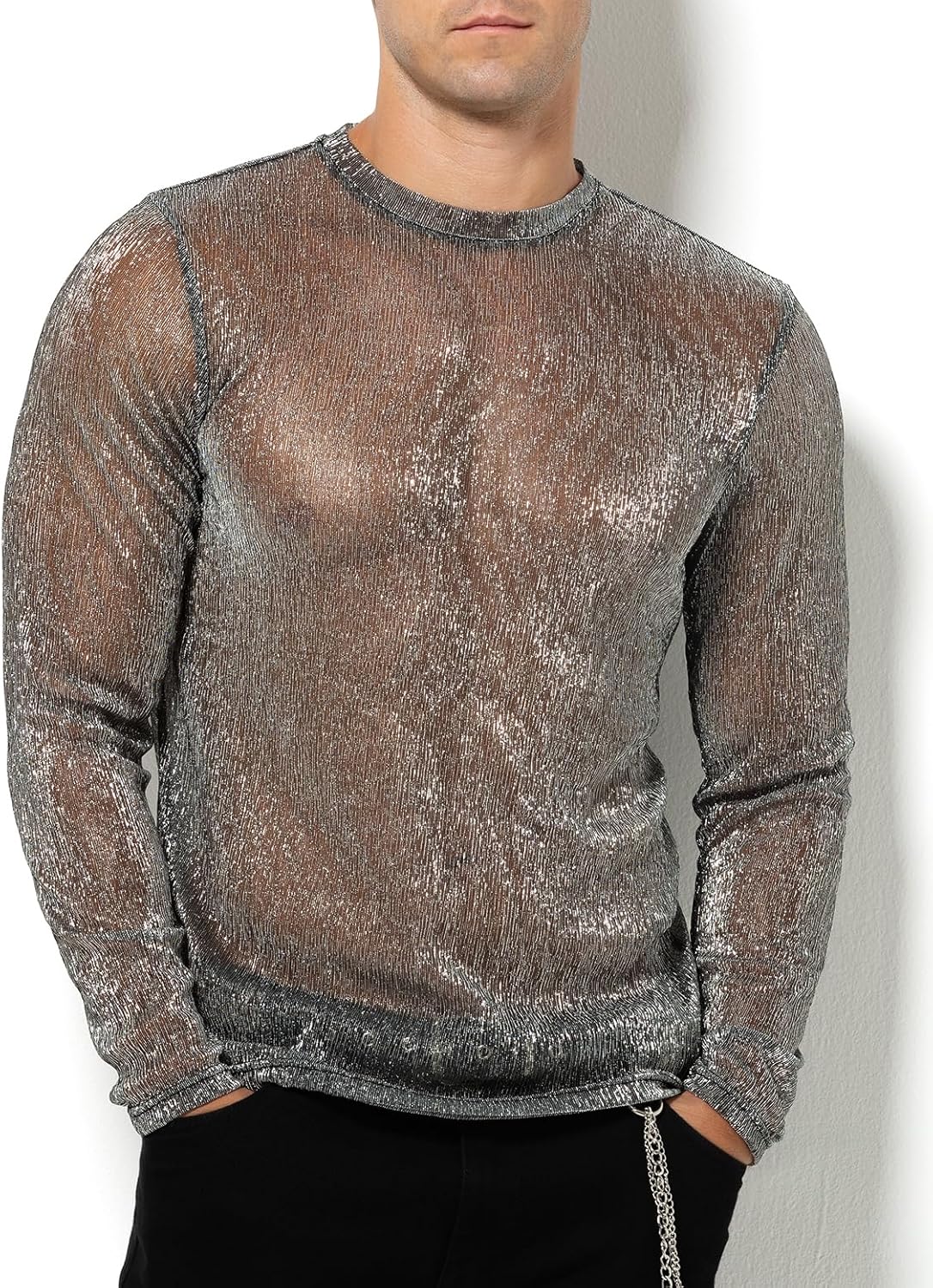 Arjen Kroos Mens Glitter T Shirt Mesh Sheer Long Sleeve Shirts See Through Shiny Tops Sexy Round Neck Clubwear - Image 6